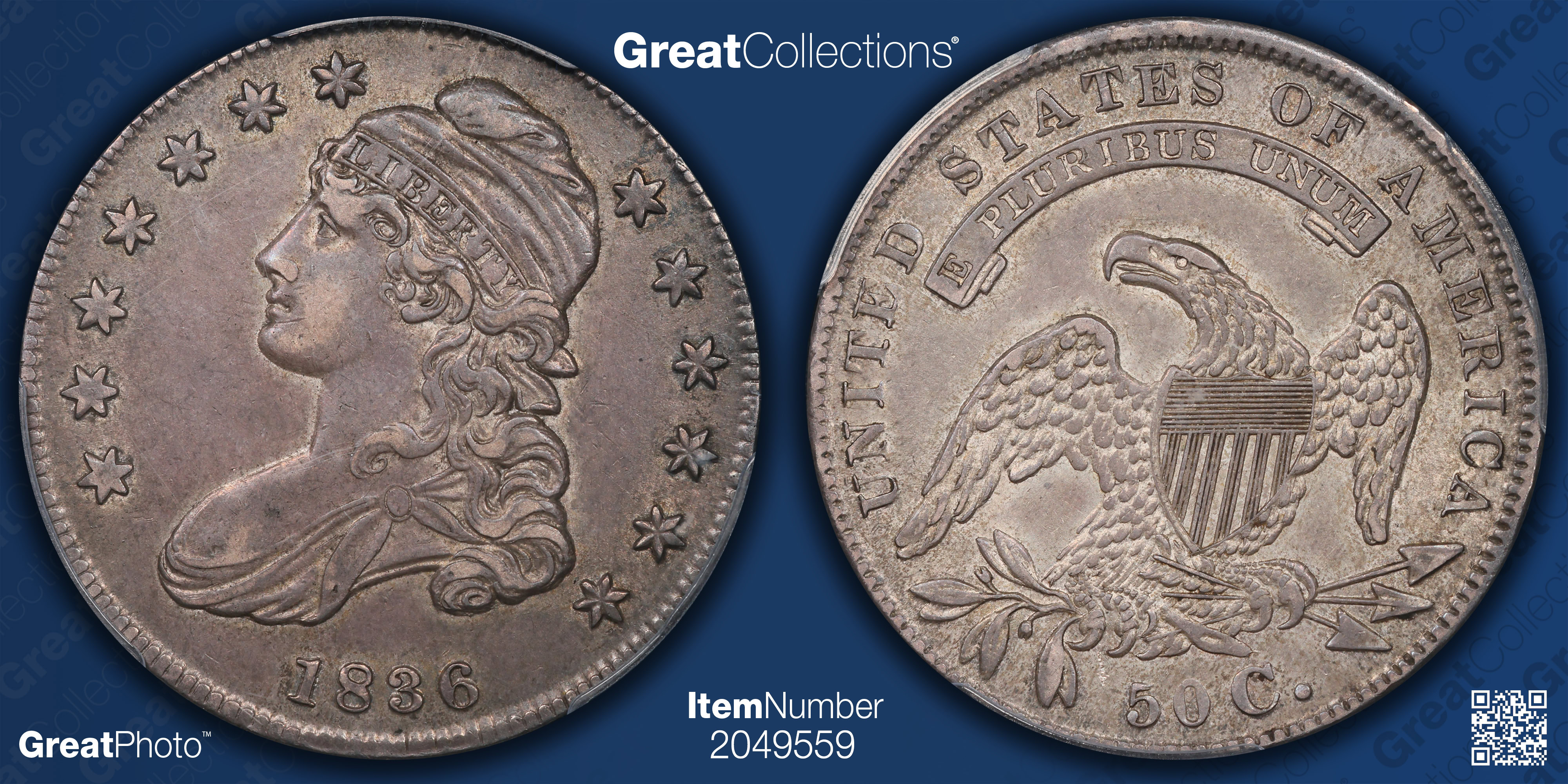 1836 Capped Bust Half Dollar Beaded Reverse Overton 106 PCGS AU-53 ...