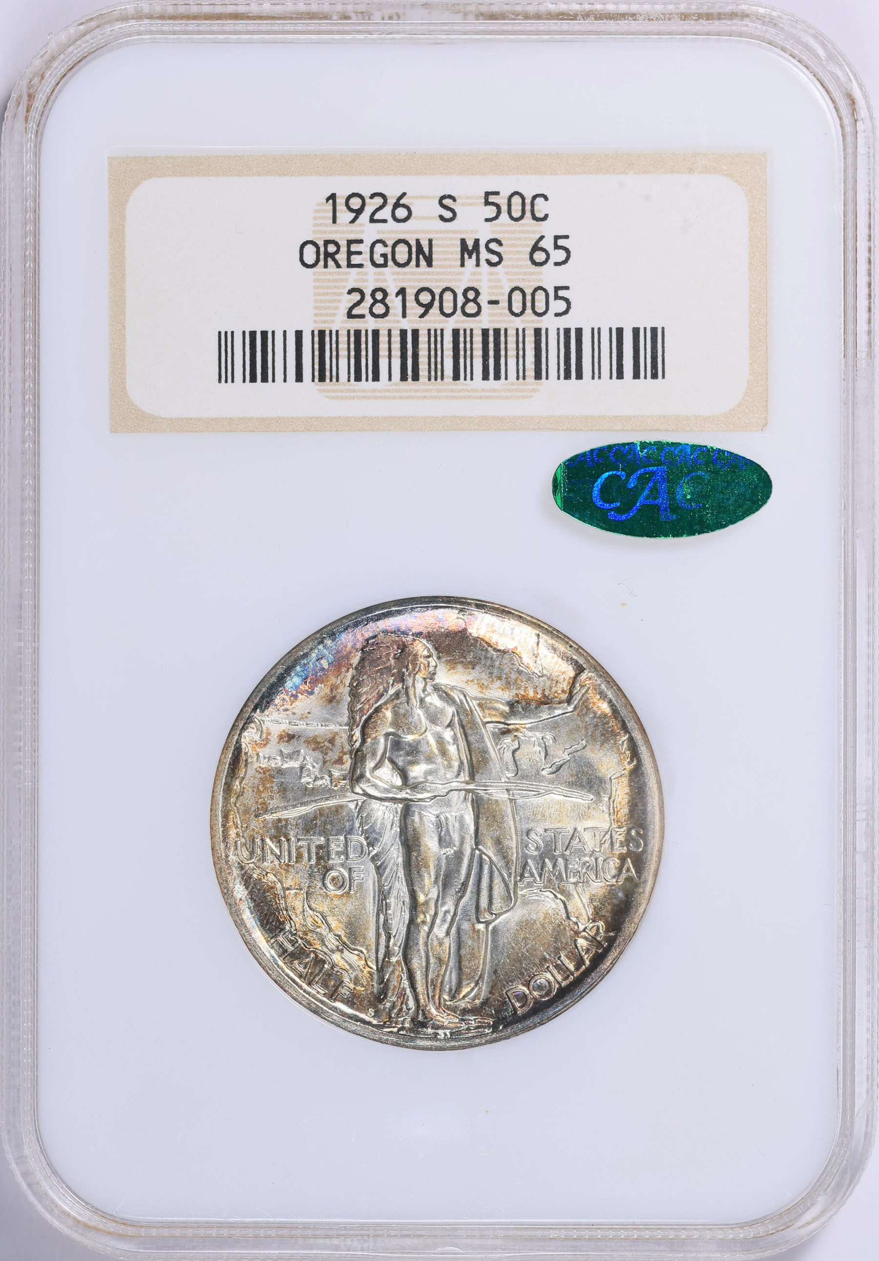 1926-S Oregon Trail Memorial Half Dollar NGC MS-65 (CAC Green) OH