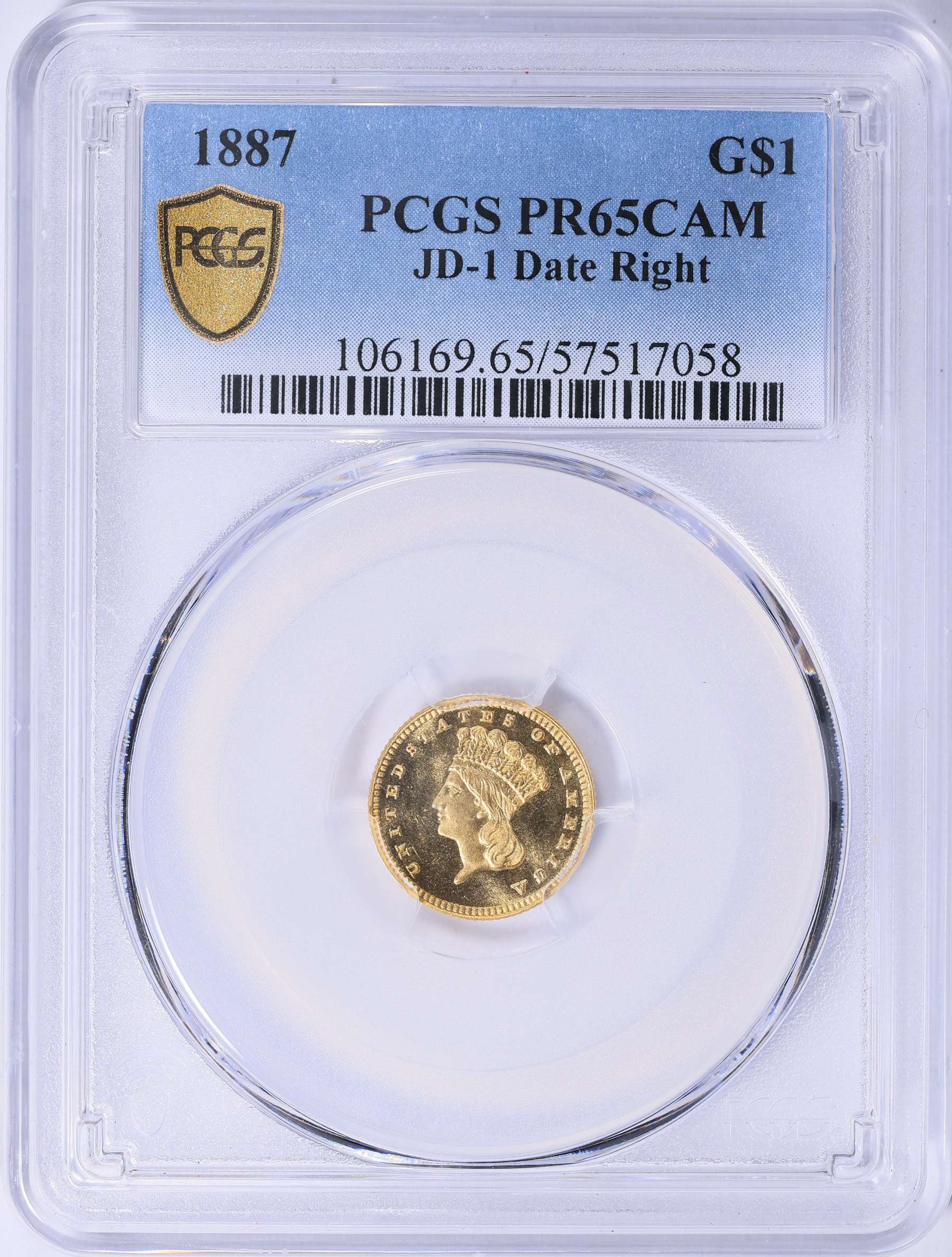 1887 Indian Princess Gold Dollar JD-1 Date Right PCGS Proof-65