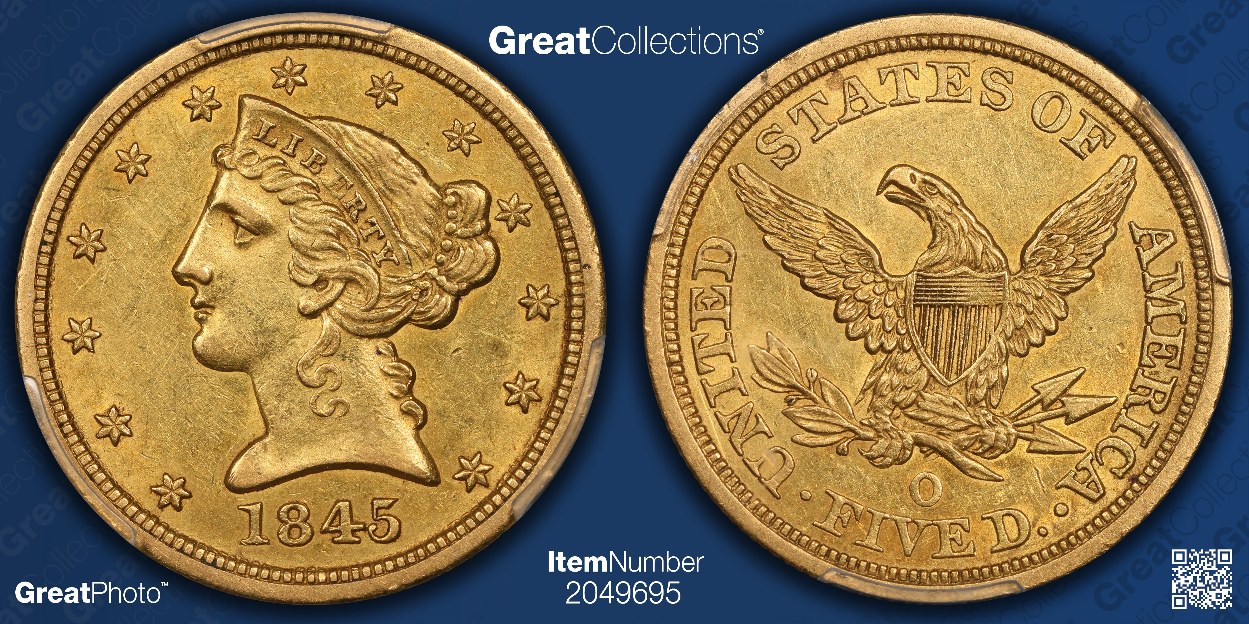 1845-O Liberty Gold Half Eagle PCGS AU-58 (D.L. Hansen Collection