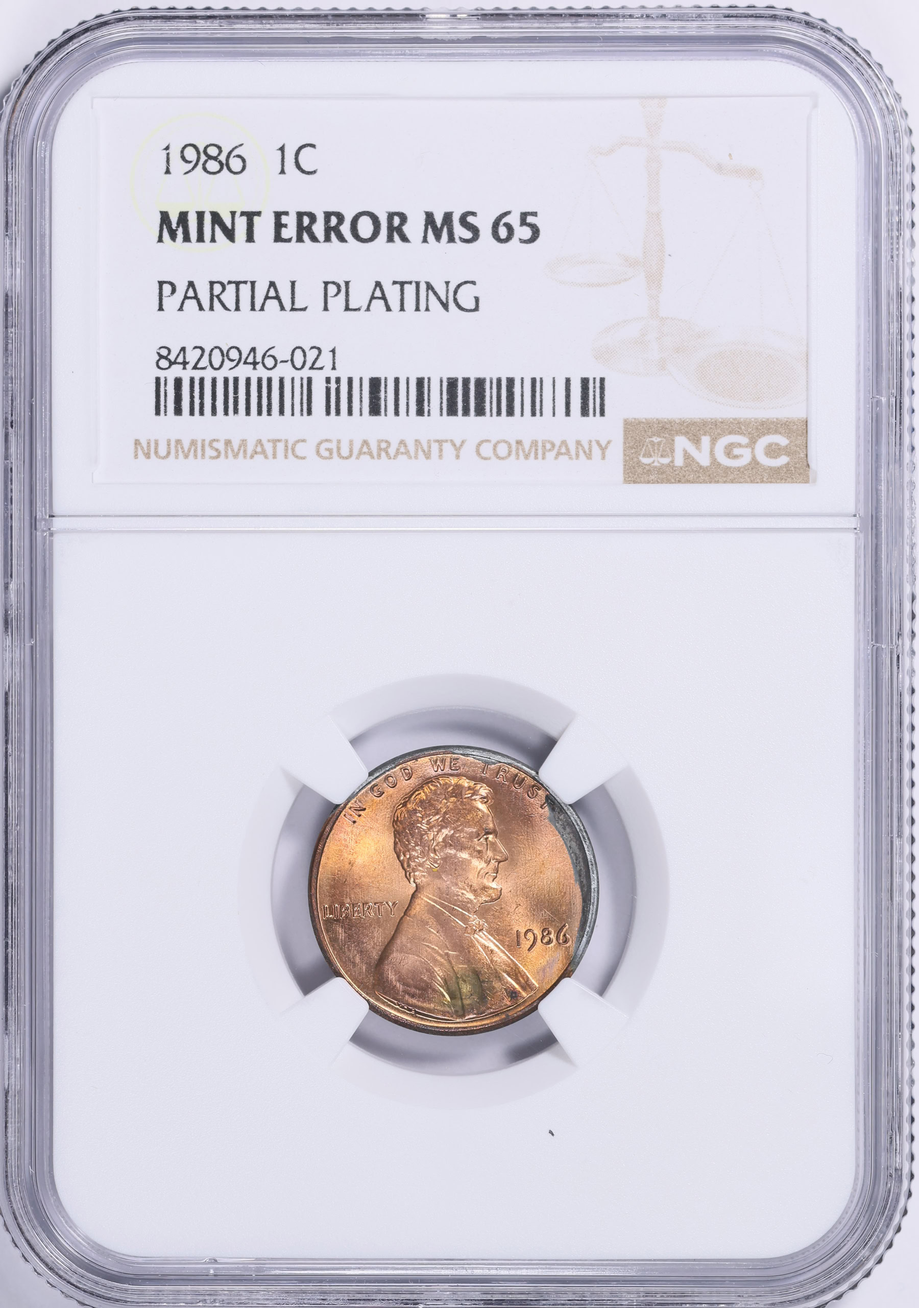 Mint Error 1986 Lincoln Cent Partial Plating NGC MS-65 | NGC Cert