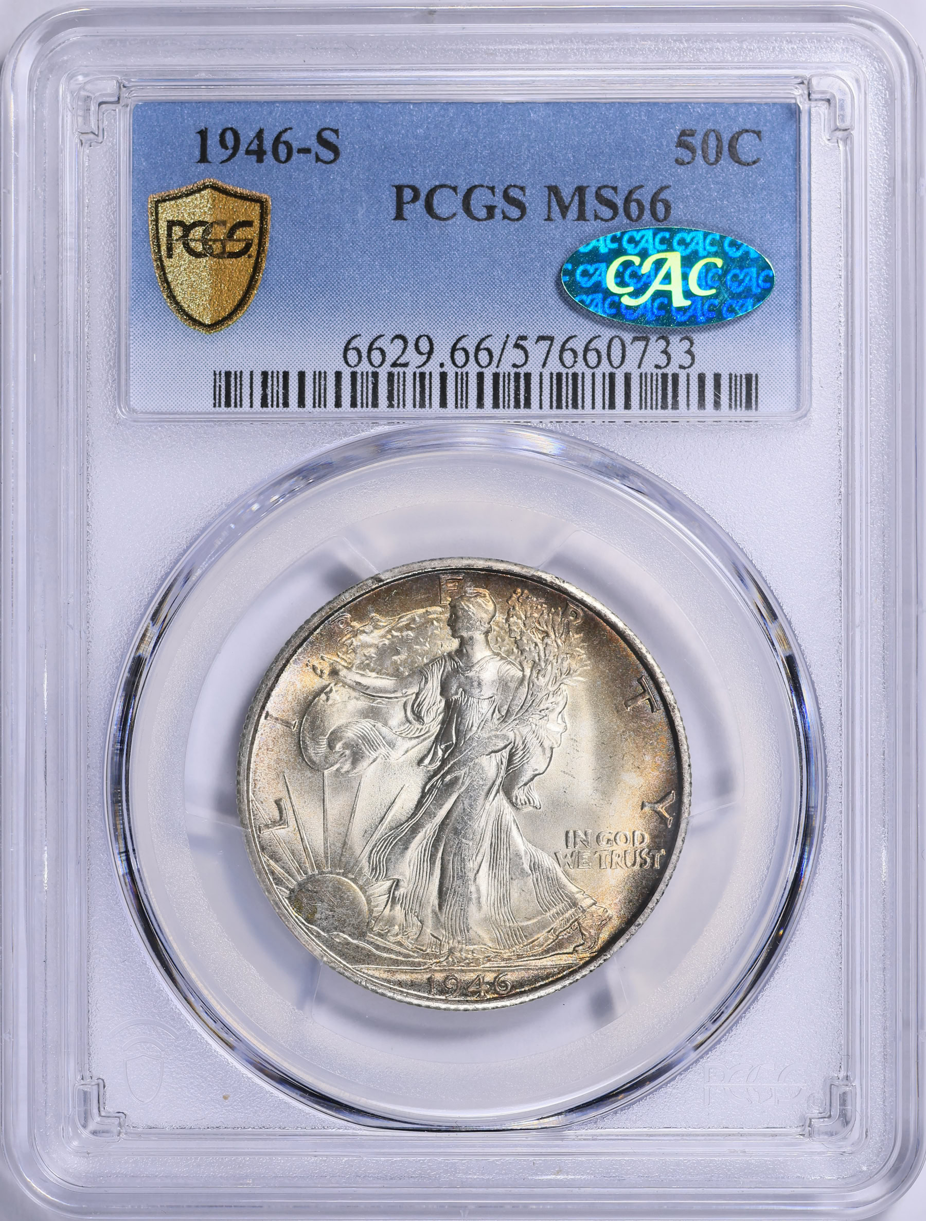 1946-S Walking Liberty Half Dollar PCGS MS-66 (CAC Green) (Toned