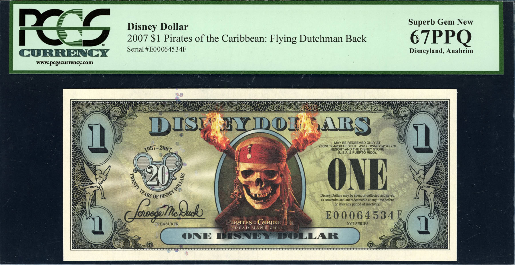 2007 Disneyland $1 Disney Dollar Dead Man's Chest / Flying