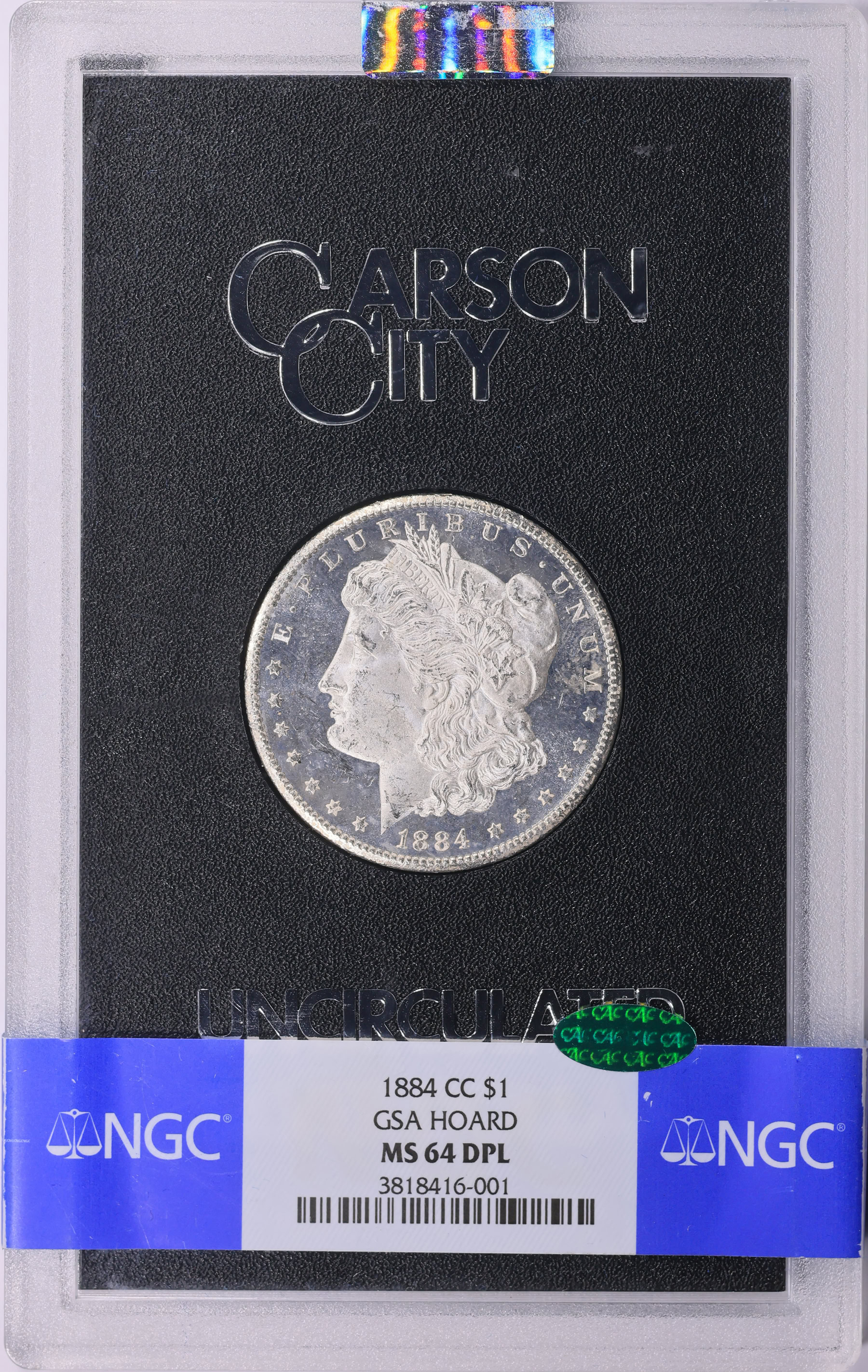 1884-CC Morgan Silver Dollar GSA Hoard NGC MS-64 DMPL (CAC Green