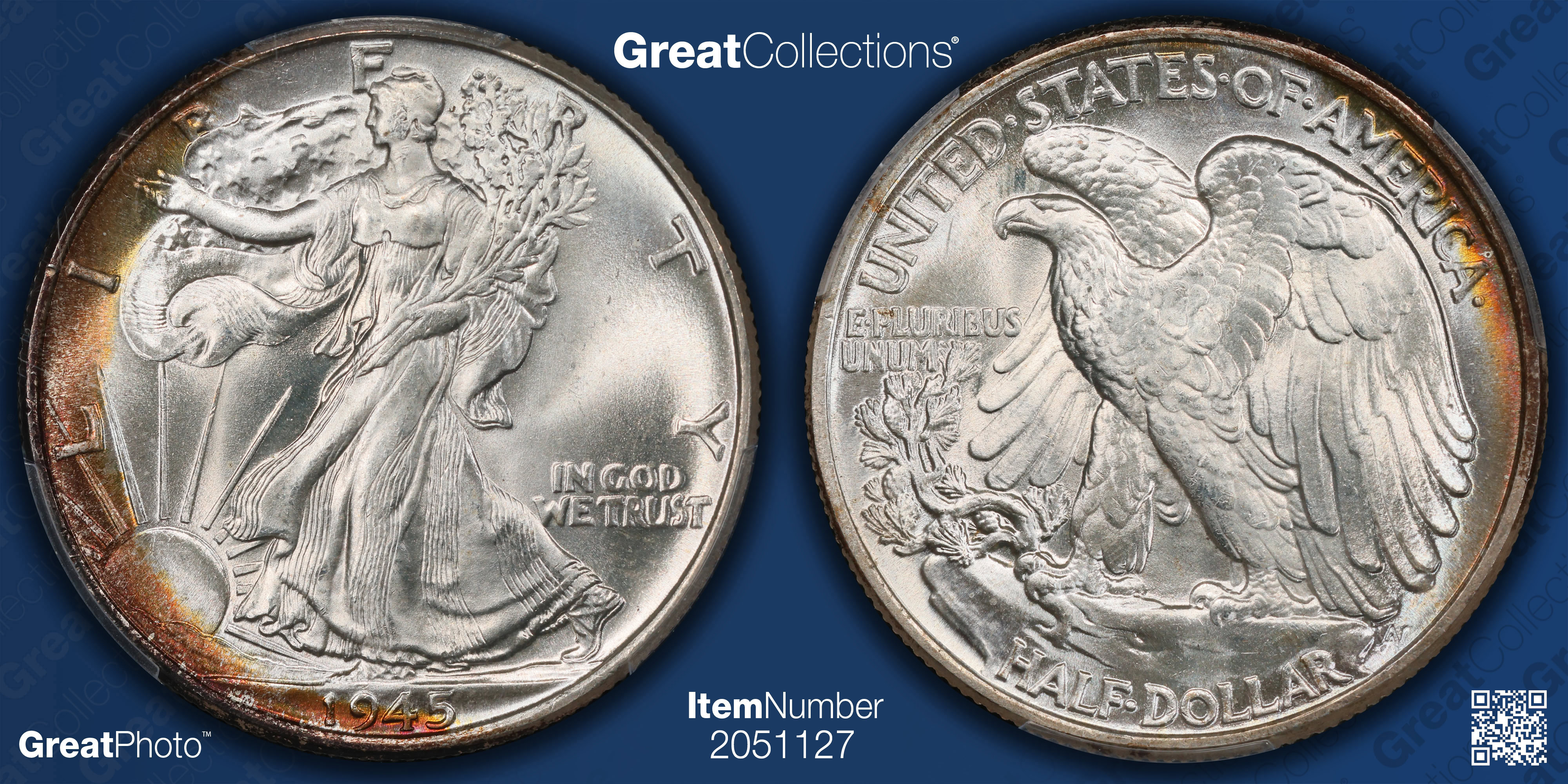 1945 Walking Liberty Half Dollar PCGS MS-67+ (CAC Green) (Toned