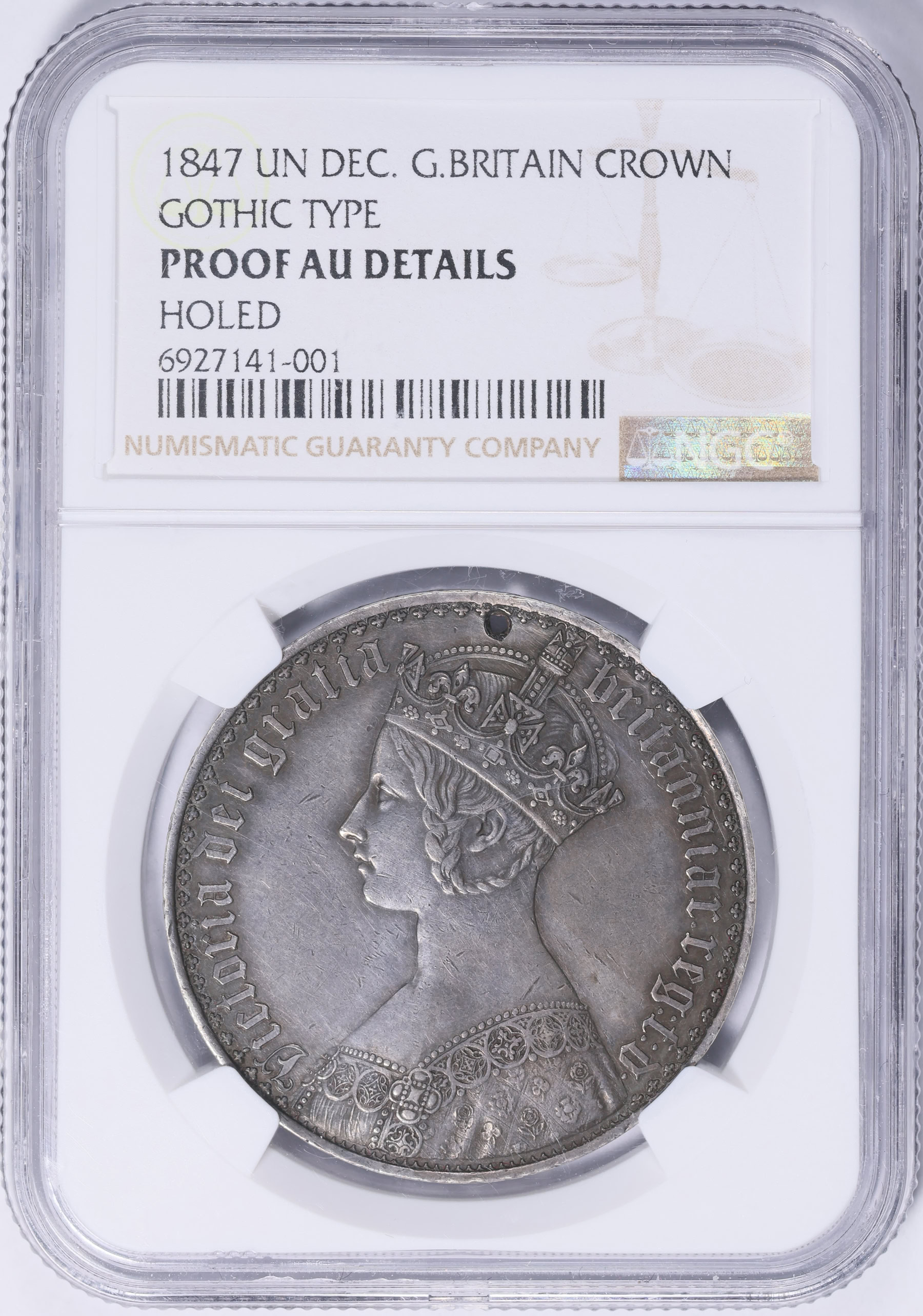 Great Britain 1847 Silver Gothic Crown UNDECIMO Edge KM-744 NGC