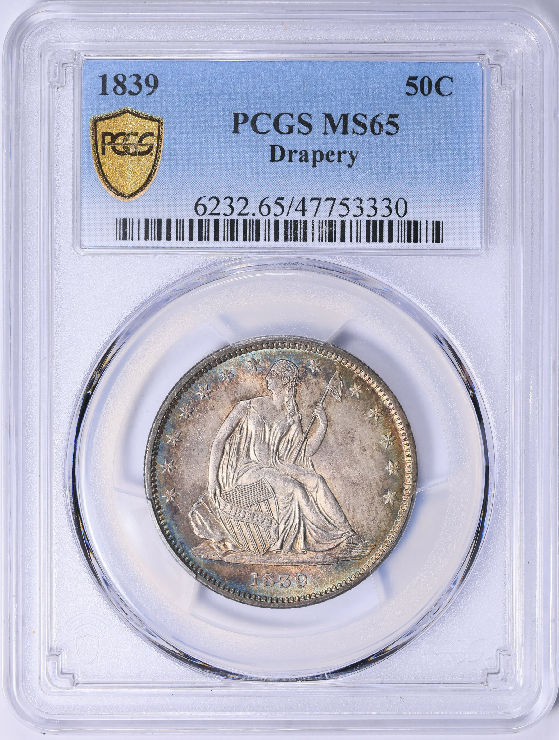 1839 Seated Liberty Half Dollar Drapery PCGS MS-65 (Toned) (Item