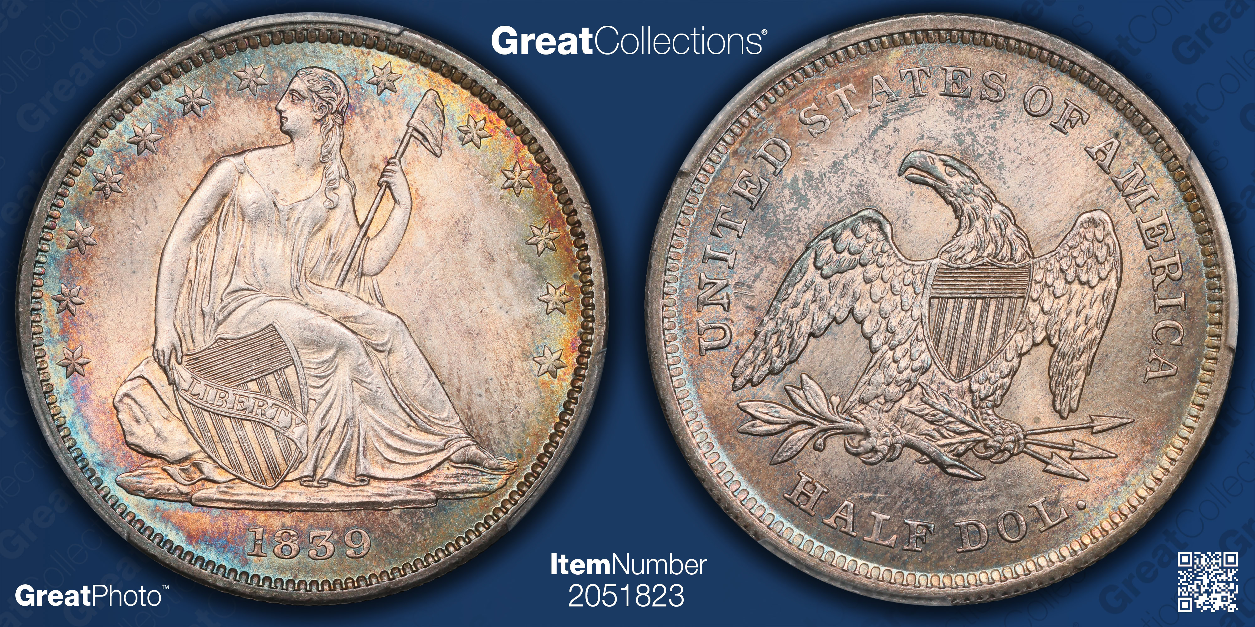 1839 Seated Liberty Half Dollar Drapery PCGS MS-65 (Toned) (Item