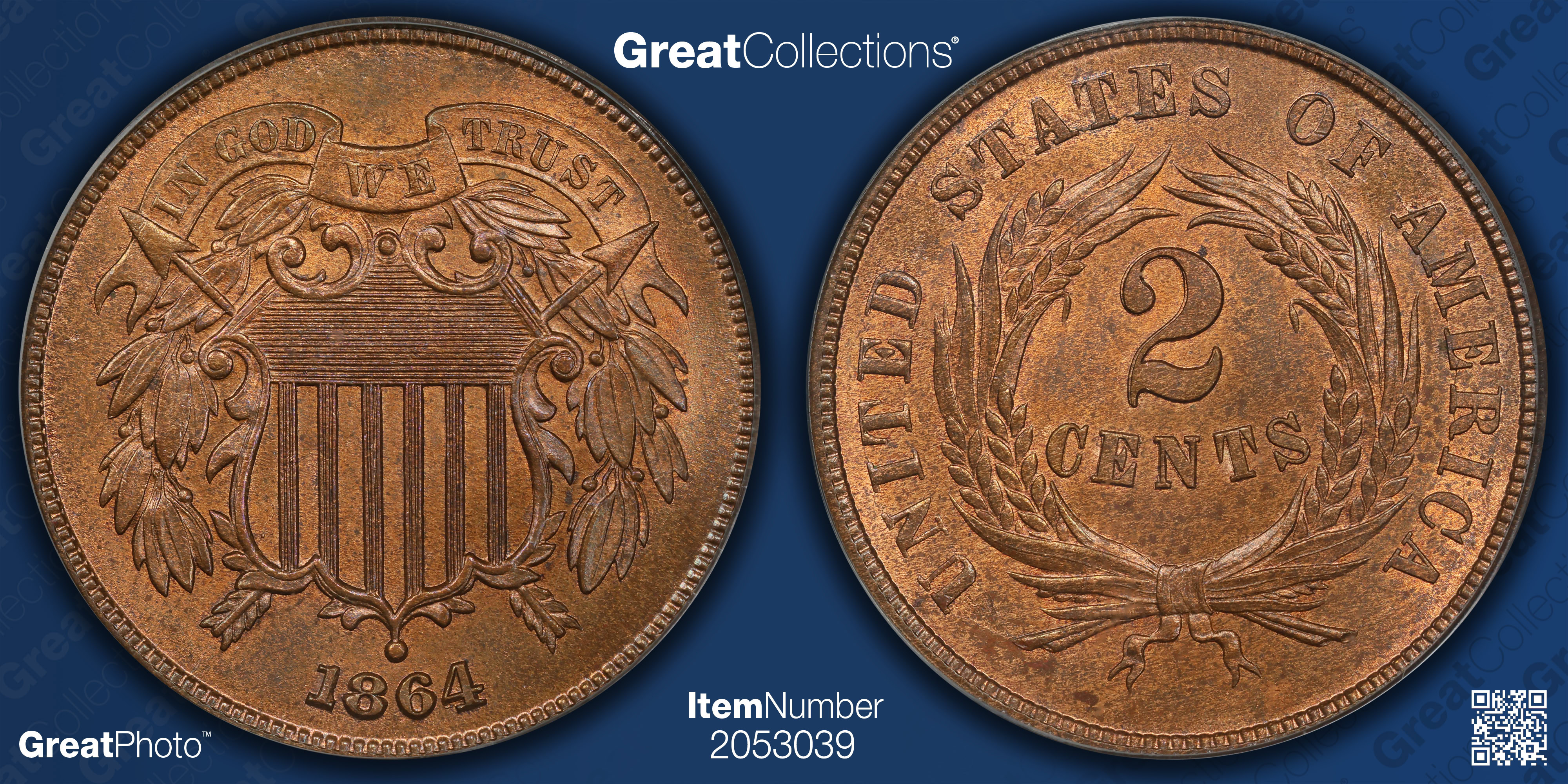 1864 Two-Cent Piece Large Motto PCGS MS-65 RB OGH (Item 2053039 ...