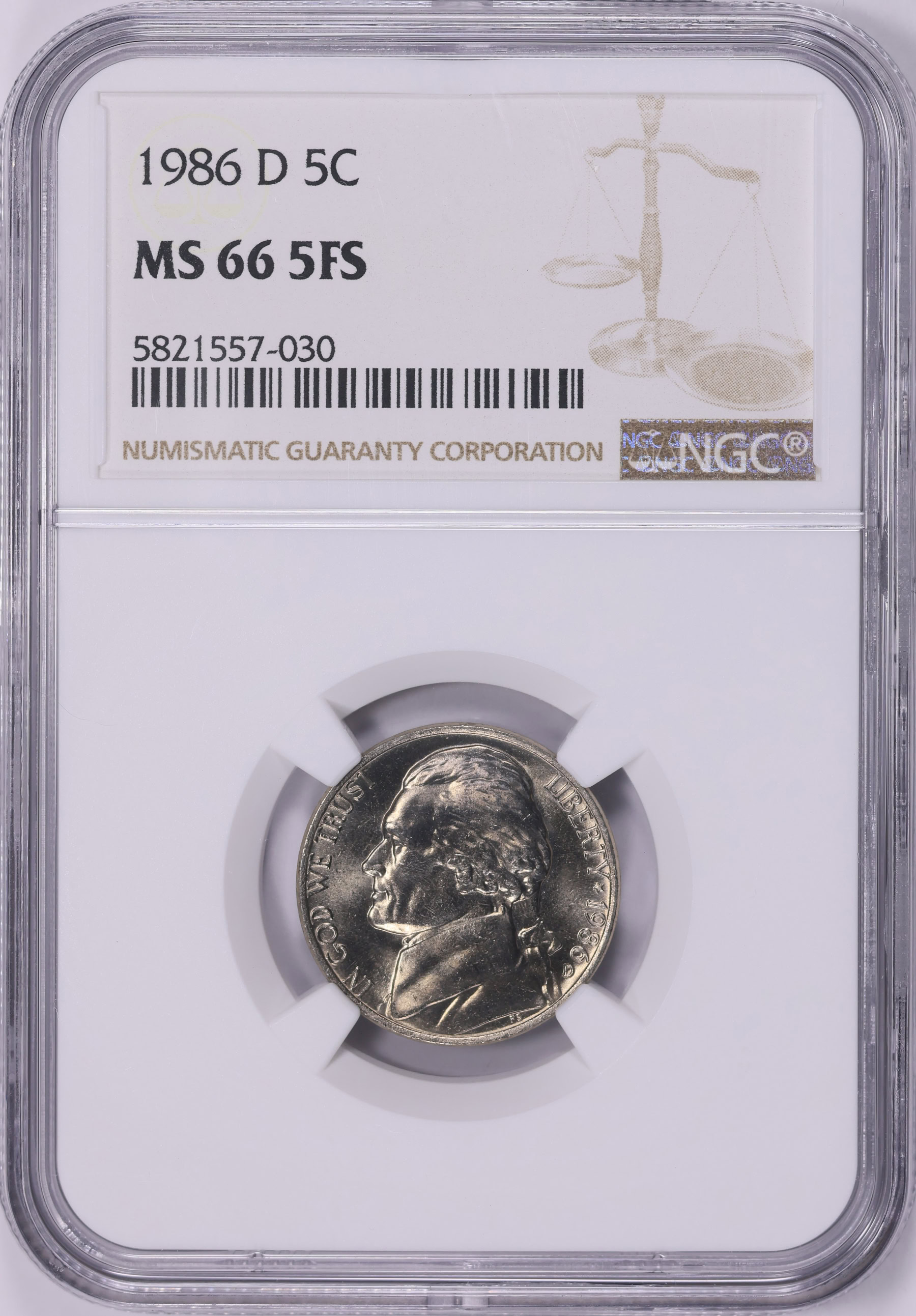 1986-D Jefferson Nickel NGC MS-66 5FS (Item 2053273) | GreatCollections ...