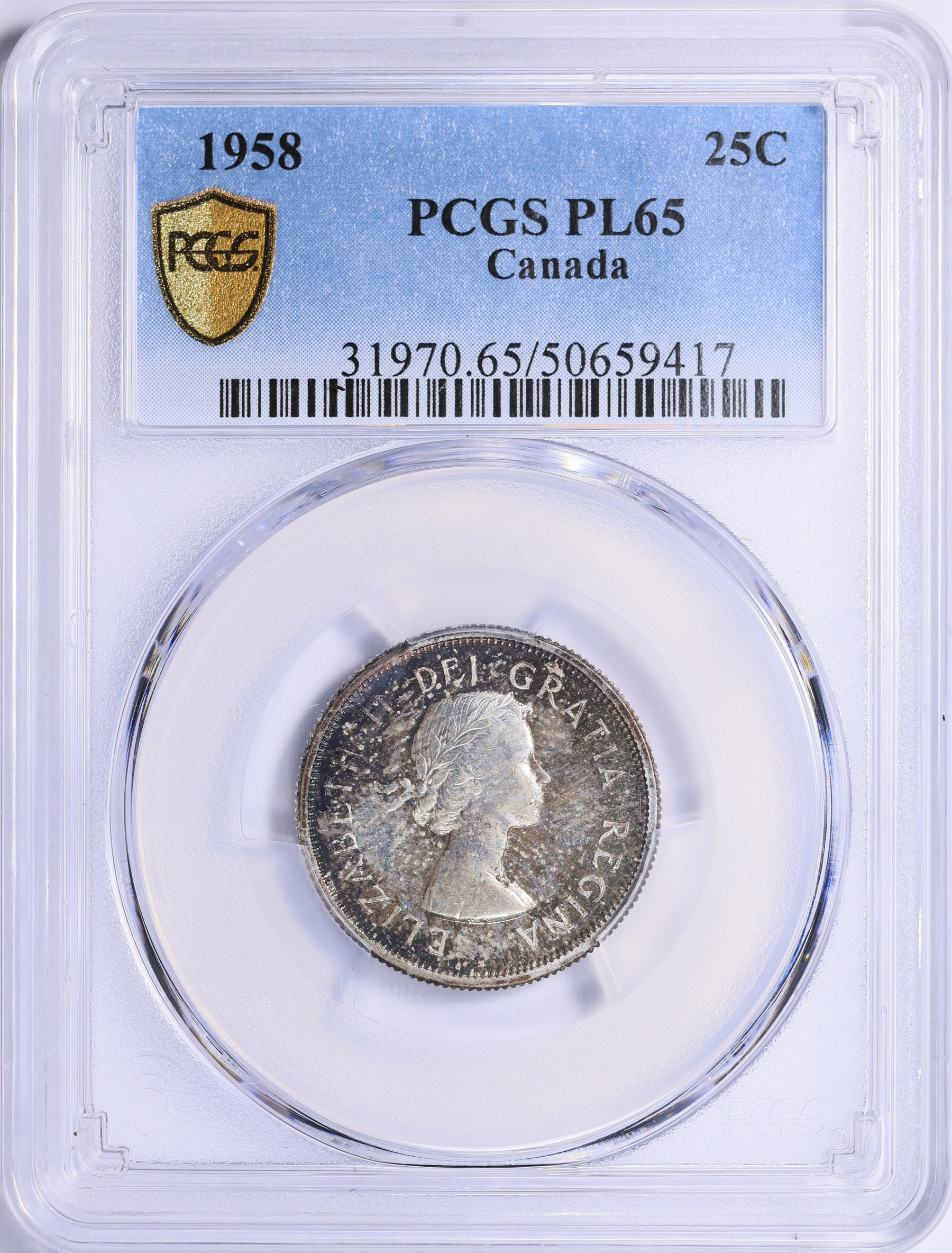 Canada 1958 Silver 25 Cents KM-52 PCGS PL-65 (Toned) (Item 2053369