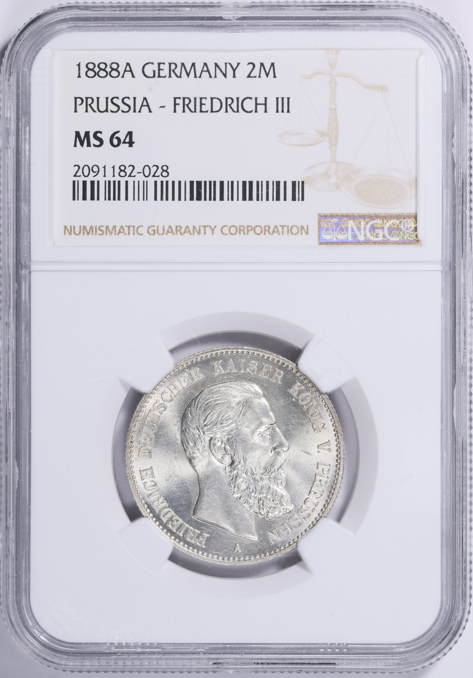 Germany - Prussia 1888-A Silver 2 Marks Friedrich III KM-510 NGC