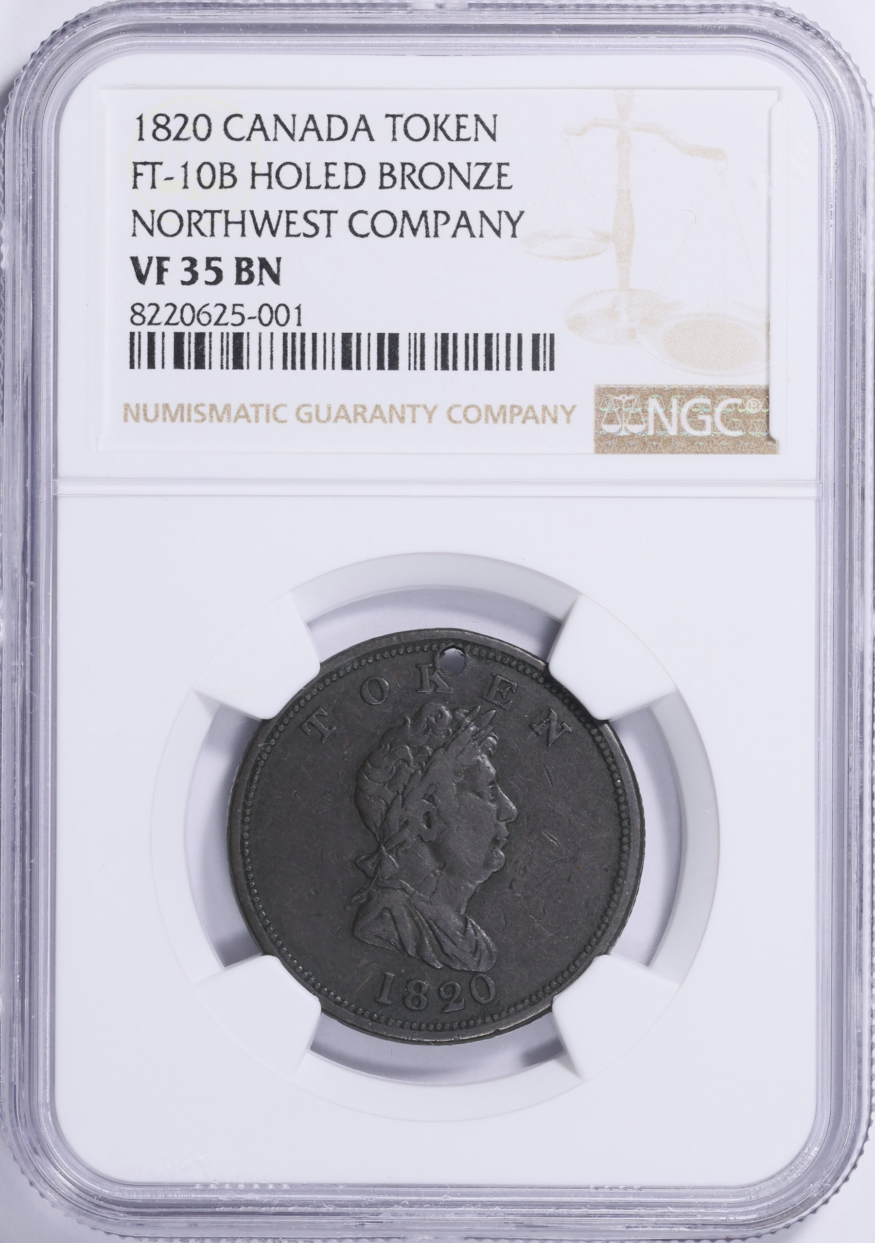 Canada 1820 Northwest Company Token Holed FT-10B NGC VF-35 BN