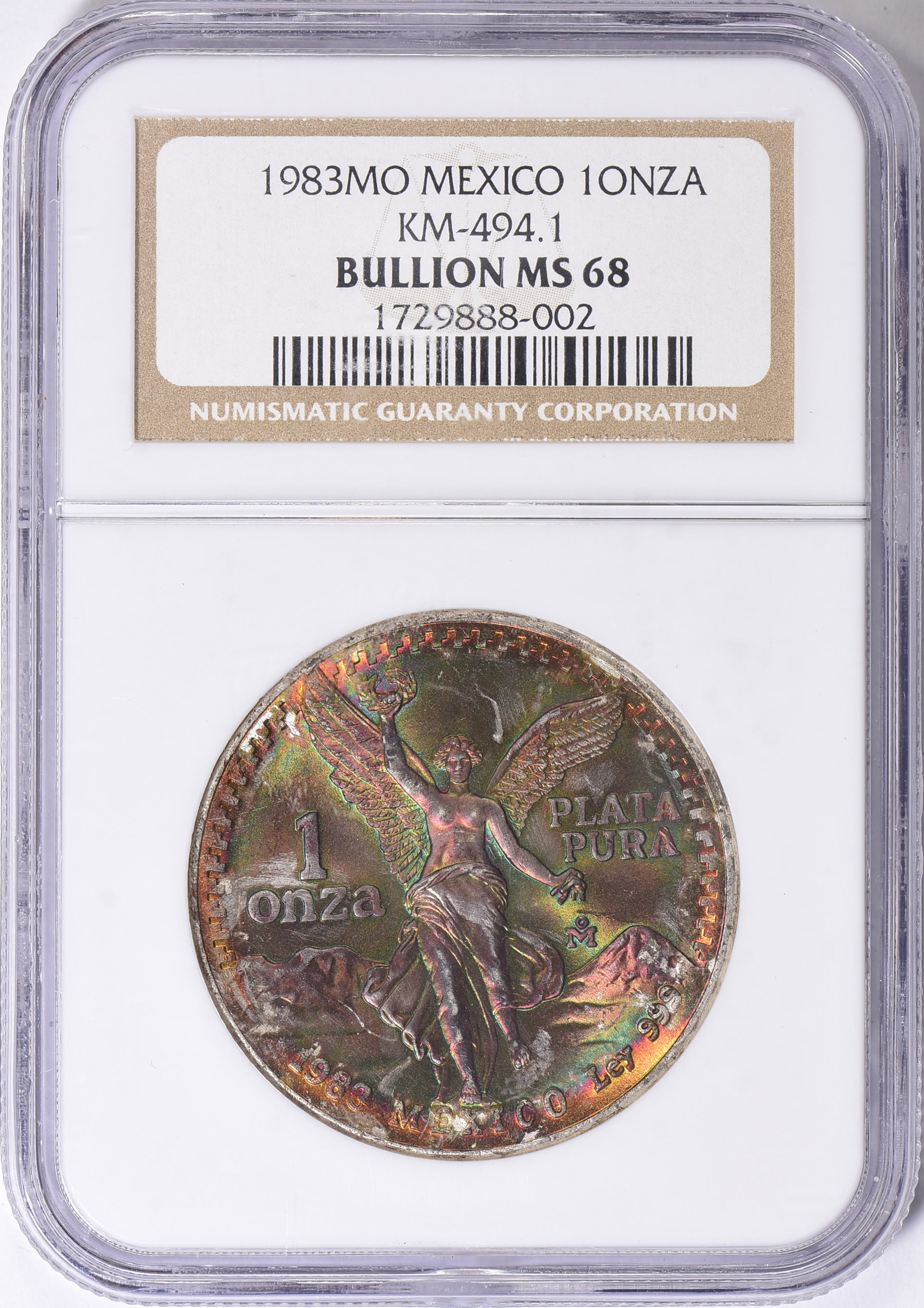 Mexico 1983-Mo Silver Onza Libertad KM-494.1 NGC MS-68 (Toned