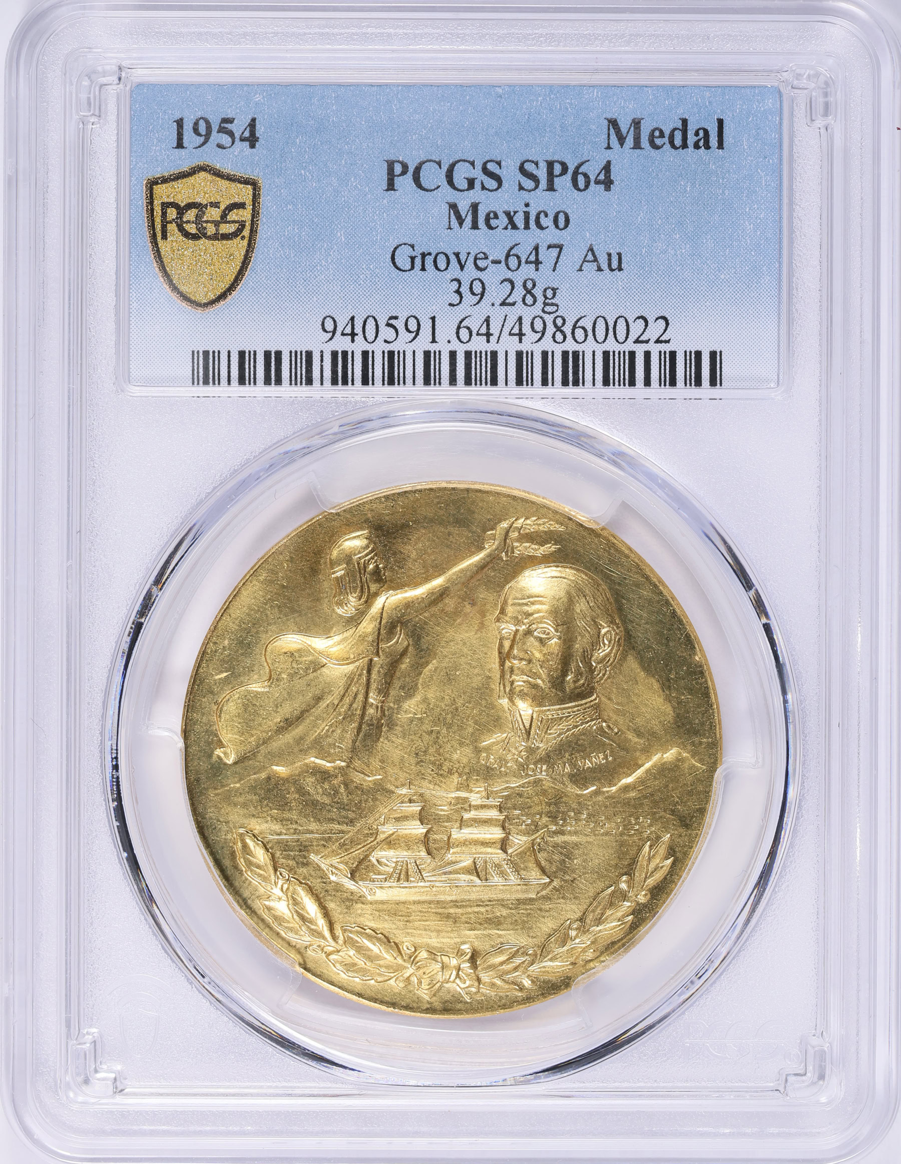 貴重！OAXACA bell eams ヴィンテージ ミッドセンチュリー Mexico 1954 Gold 38mm Defense of Guaymas Centennial Medal PCGS SP