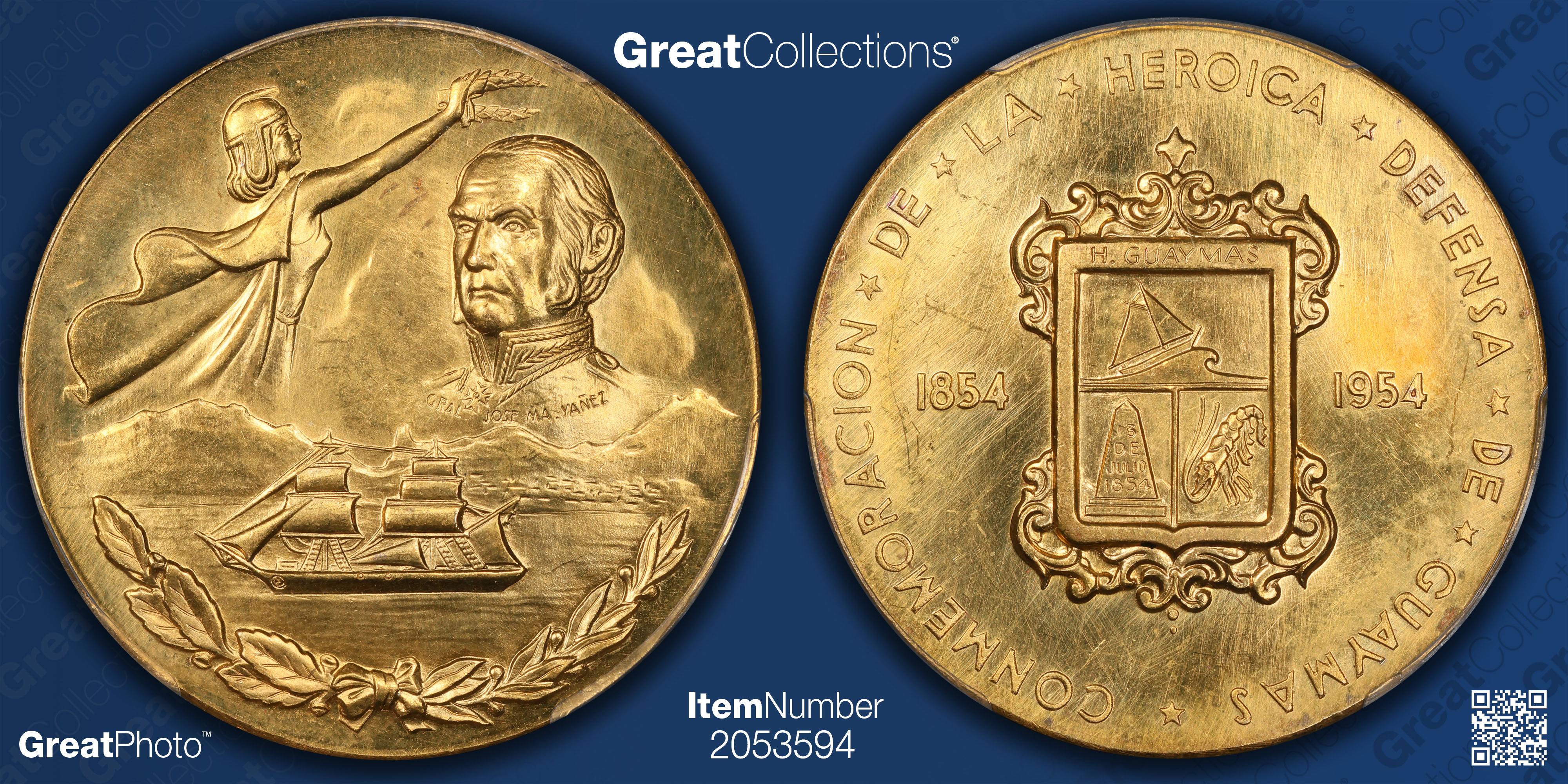 貴重！OAXACA bell eams ヴィンテージ ミッドセンチュリー Mexico 1954 Gold 38mm Defense of Guaymas Centennial Medal PCGS SP