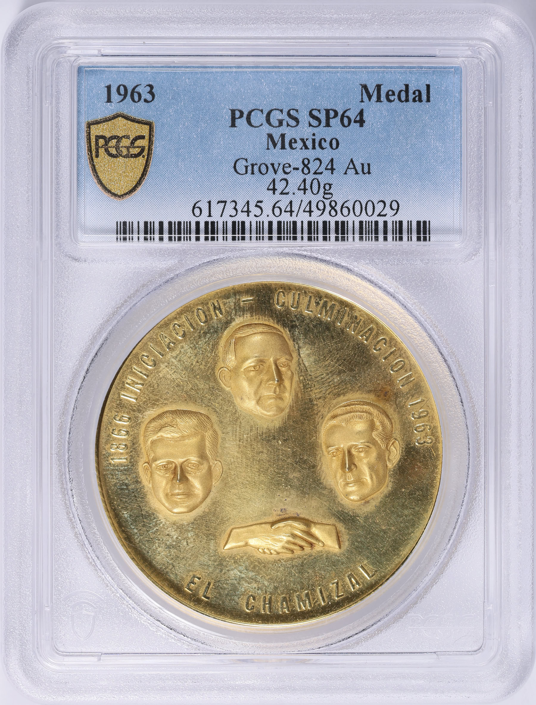 Mexico 1963 Gold 42mm Recovery of Chamizal Medal PCGS SP-64 (AGW