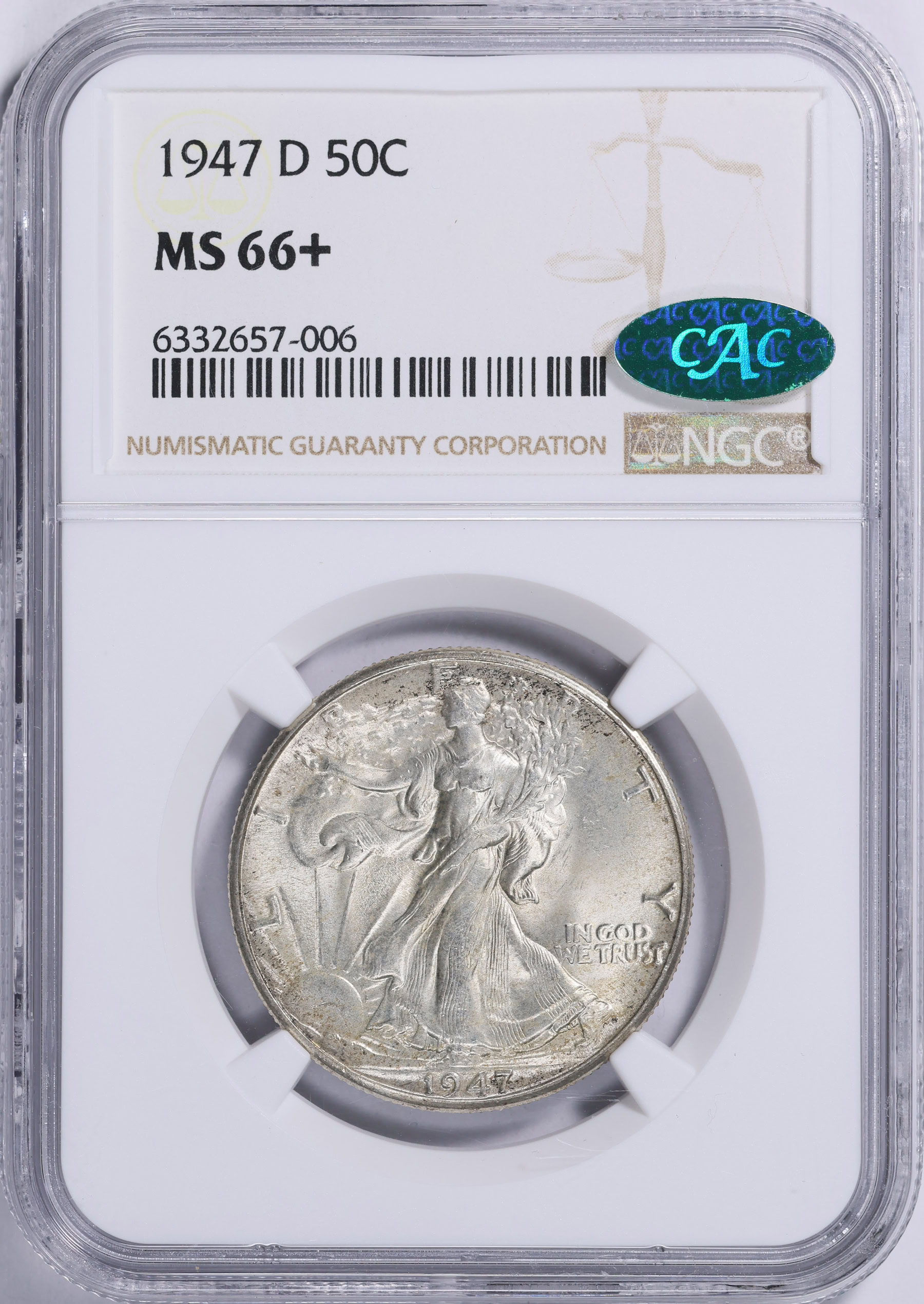 1947-D Walking Liberty Half Dollar NGC MS-66+ (CAC Green) (Item