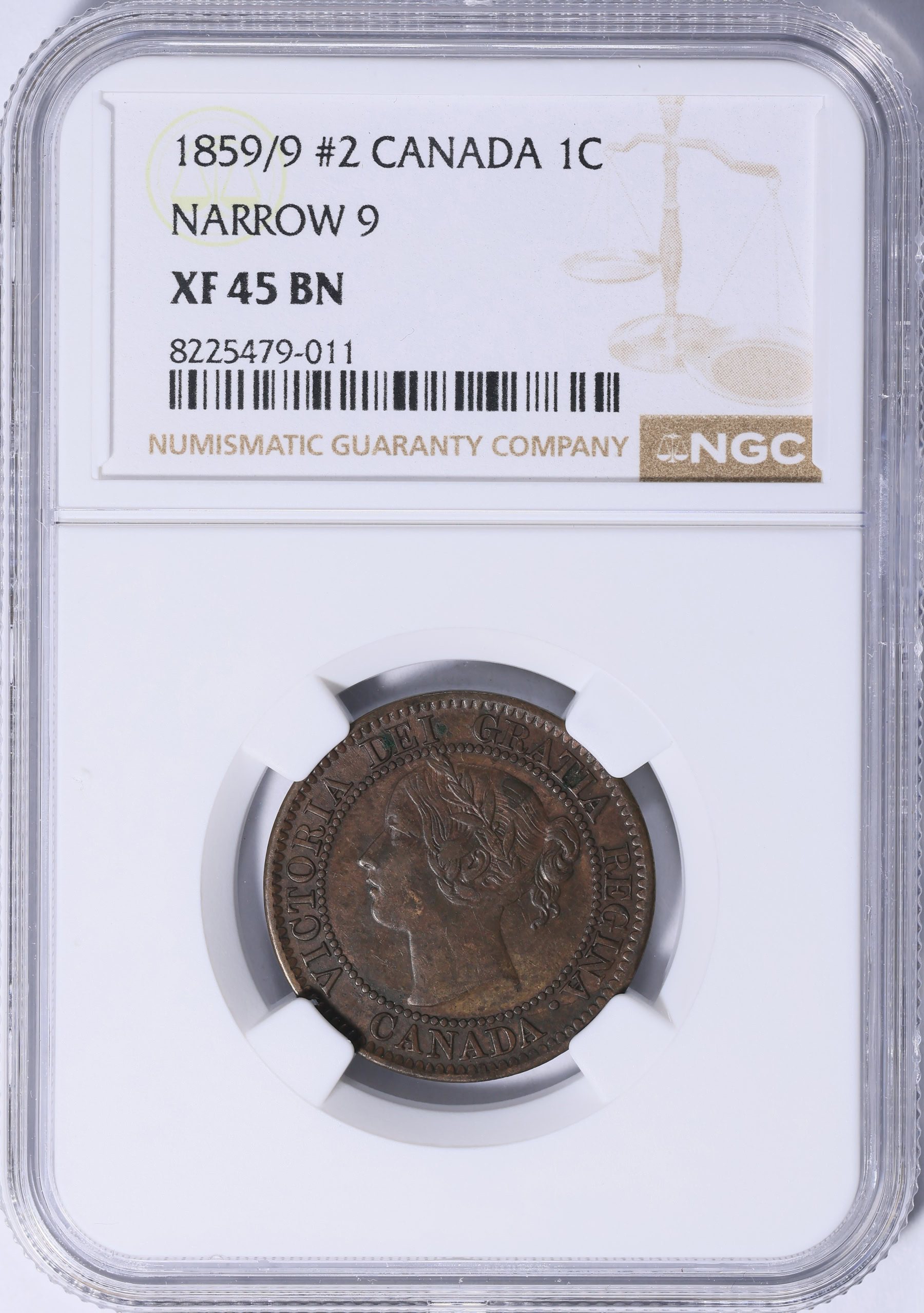 Canada 1859/9 Cent Double Punched Narrow 9 KM-1 NGC XF-45 BN (Item