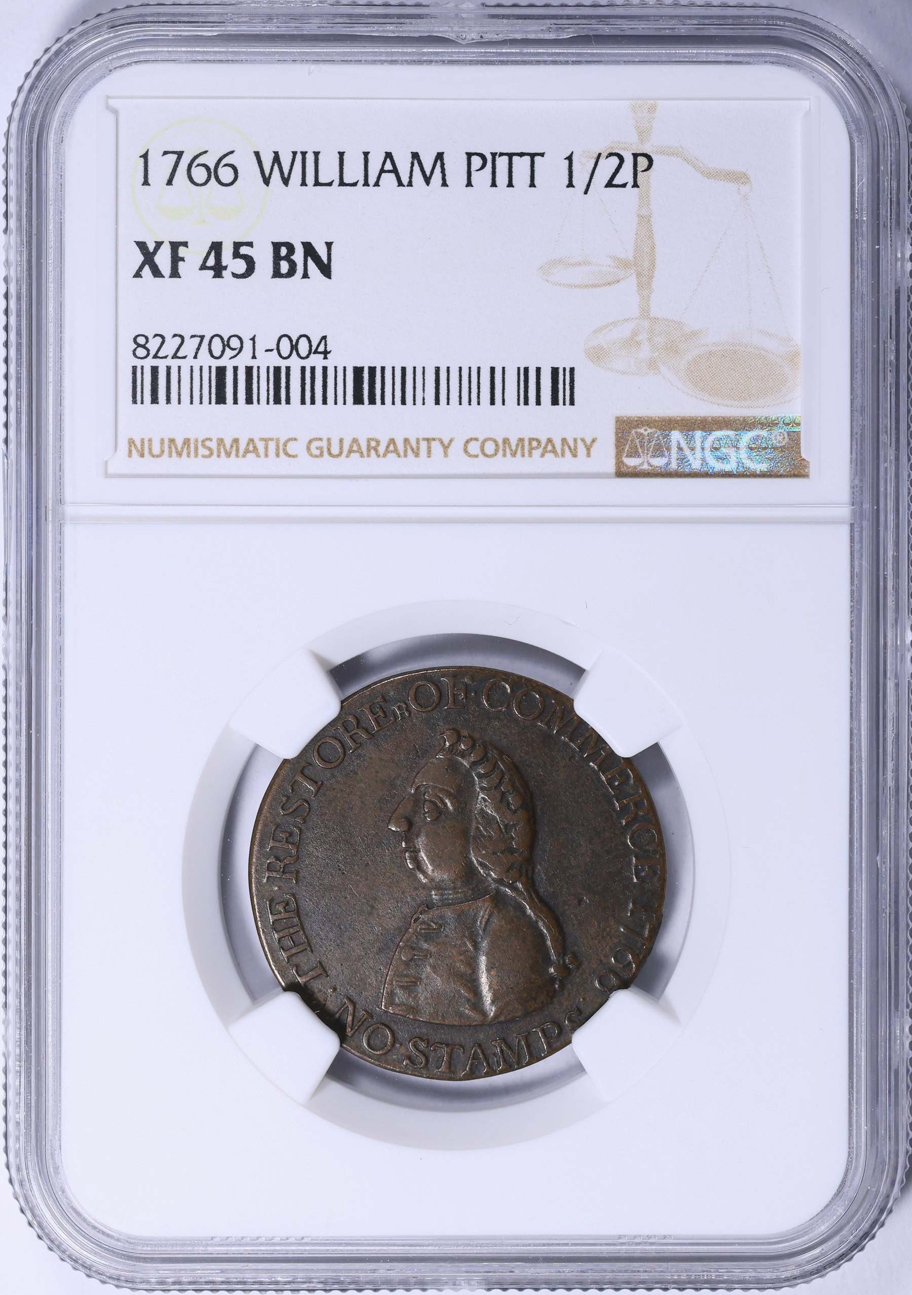 1766 1/2 Penny Copper William Pitt Token NGC XF-45 BN (Item
