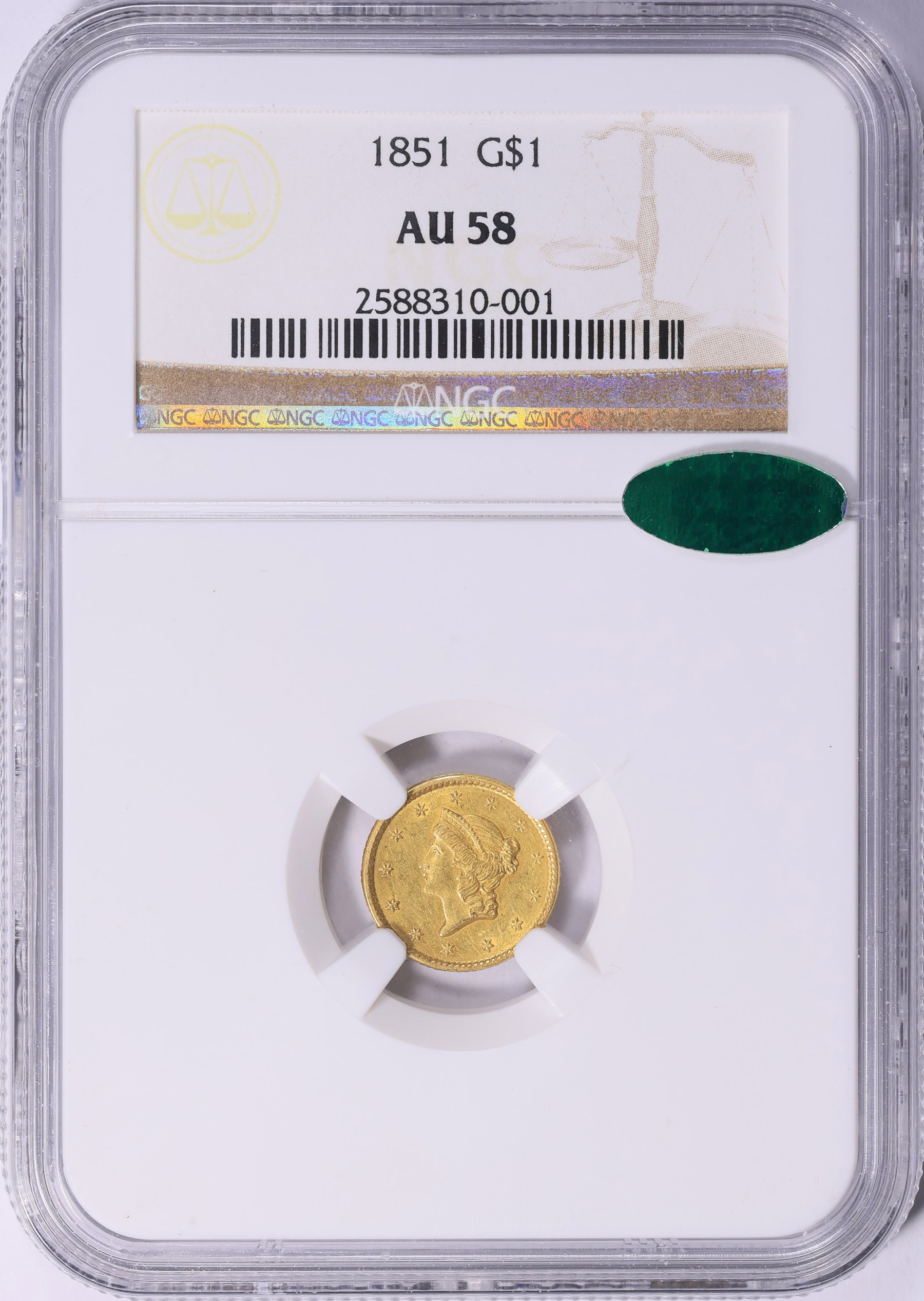 1851 Liberty Gold Dollar NGC AU-58 (CAC Green) (Item 2054096