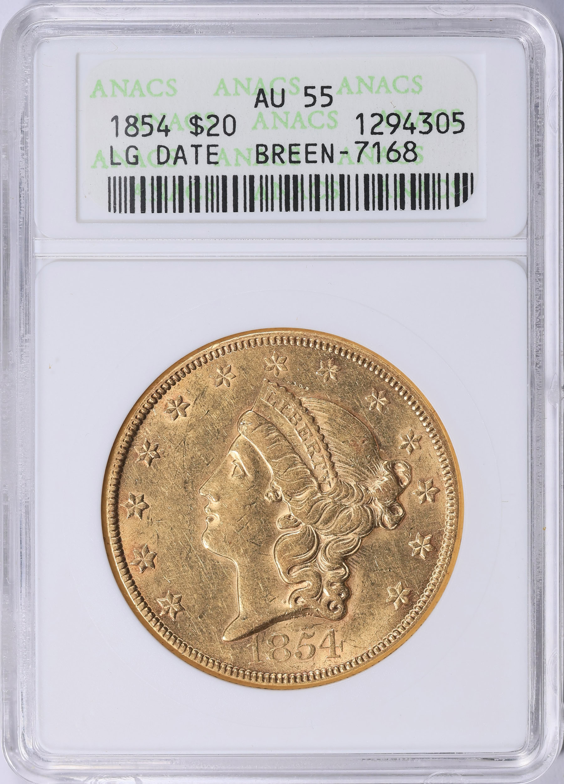 1854 Liberty Gold Double Eagle Large Date Breen-7168 ANACS AU-55