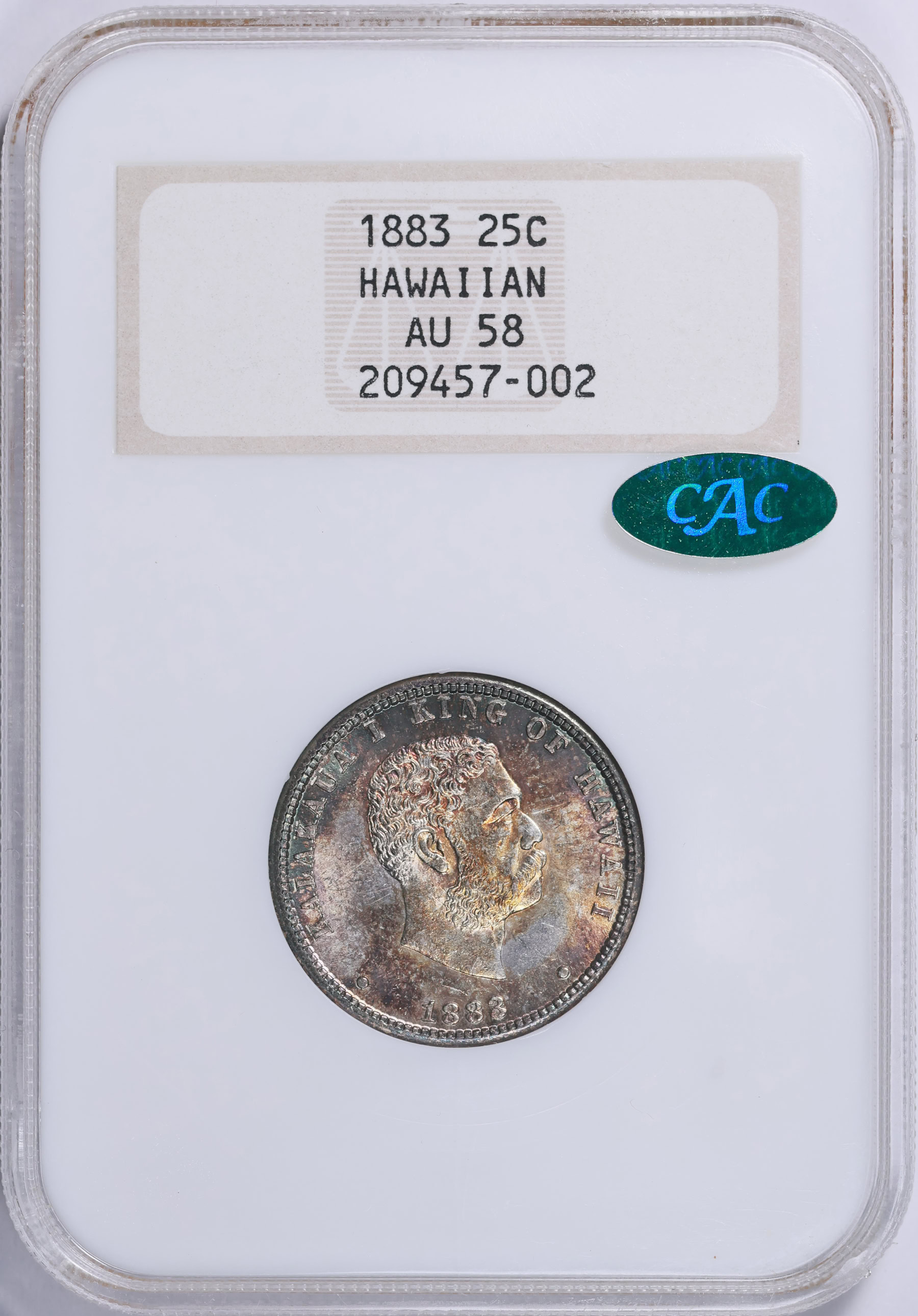 1883 Hawaii Quarter NGC AU-58 (CAC Green) OH (Toned) (Item 2058263