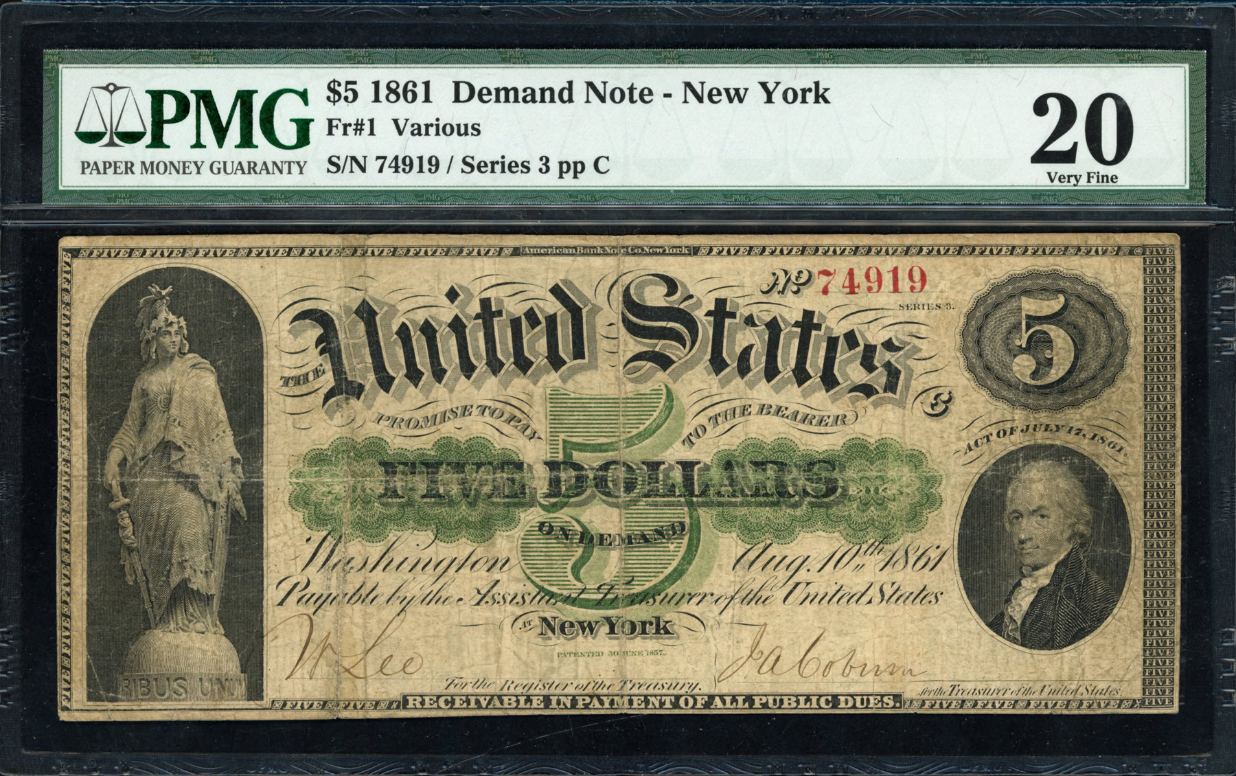 Fr. 1 1861 $5 Demand Note New York PMG Very Fine 20 | PMG Cert #5012703 ...