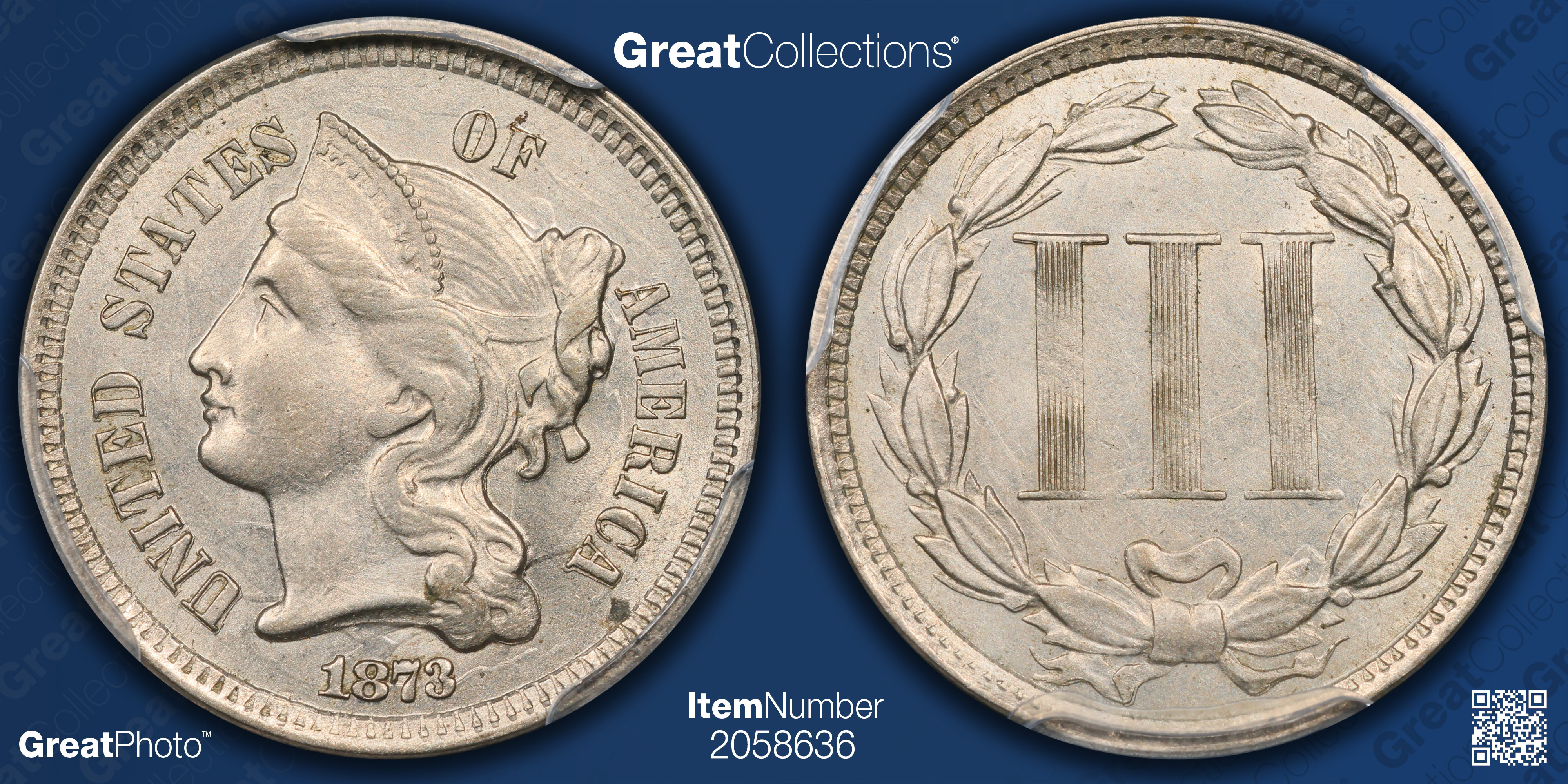 1873 Nickel Three-Cent Piece Closed 3 PCGS AU-58 (CAC Green