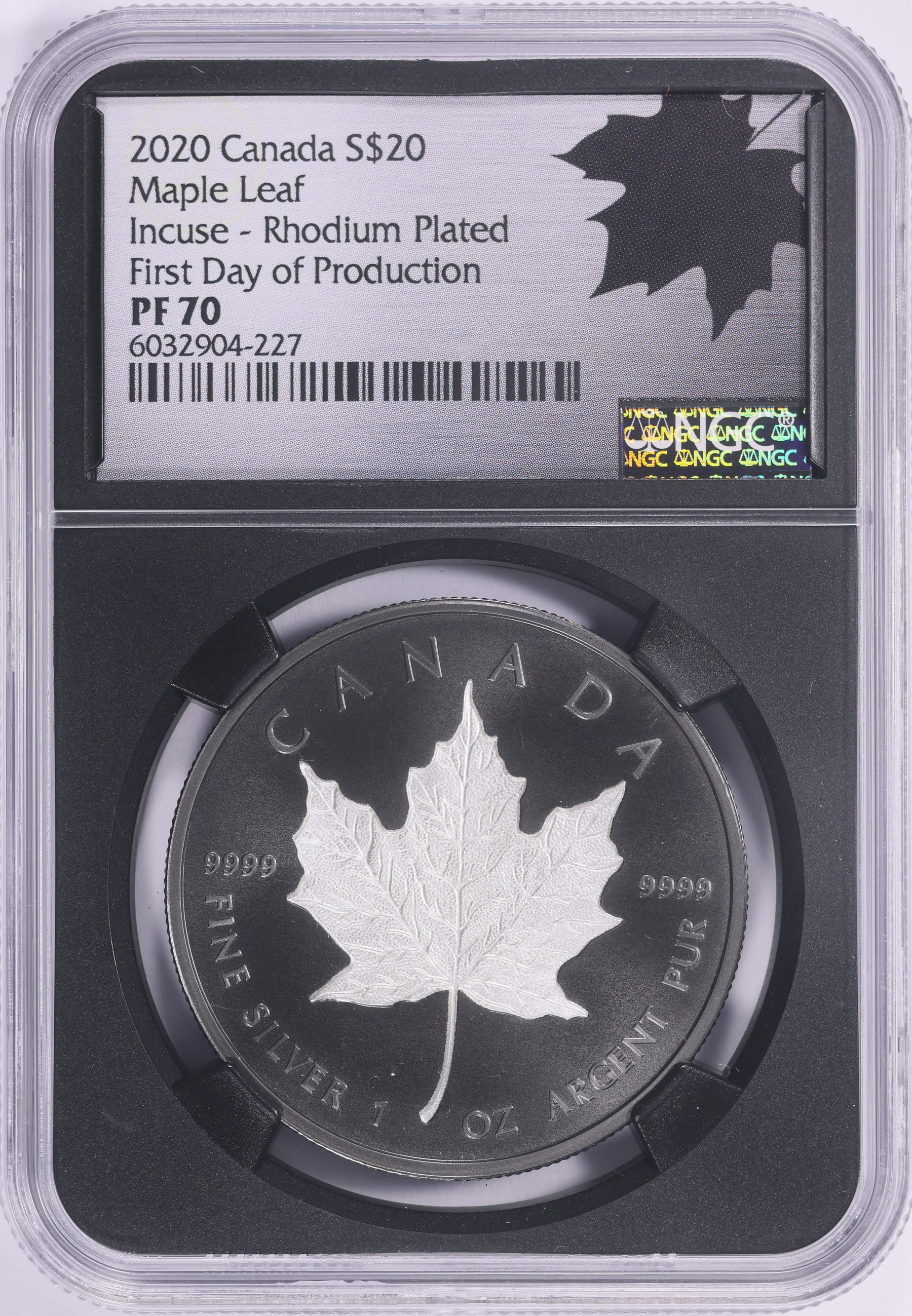 Canada 2020 Silver $20 Maple Leaf Incuse Design Rhodium Plated