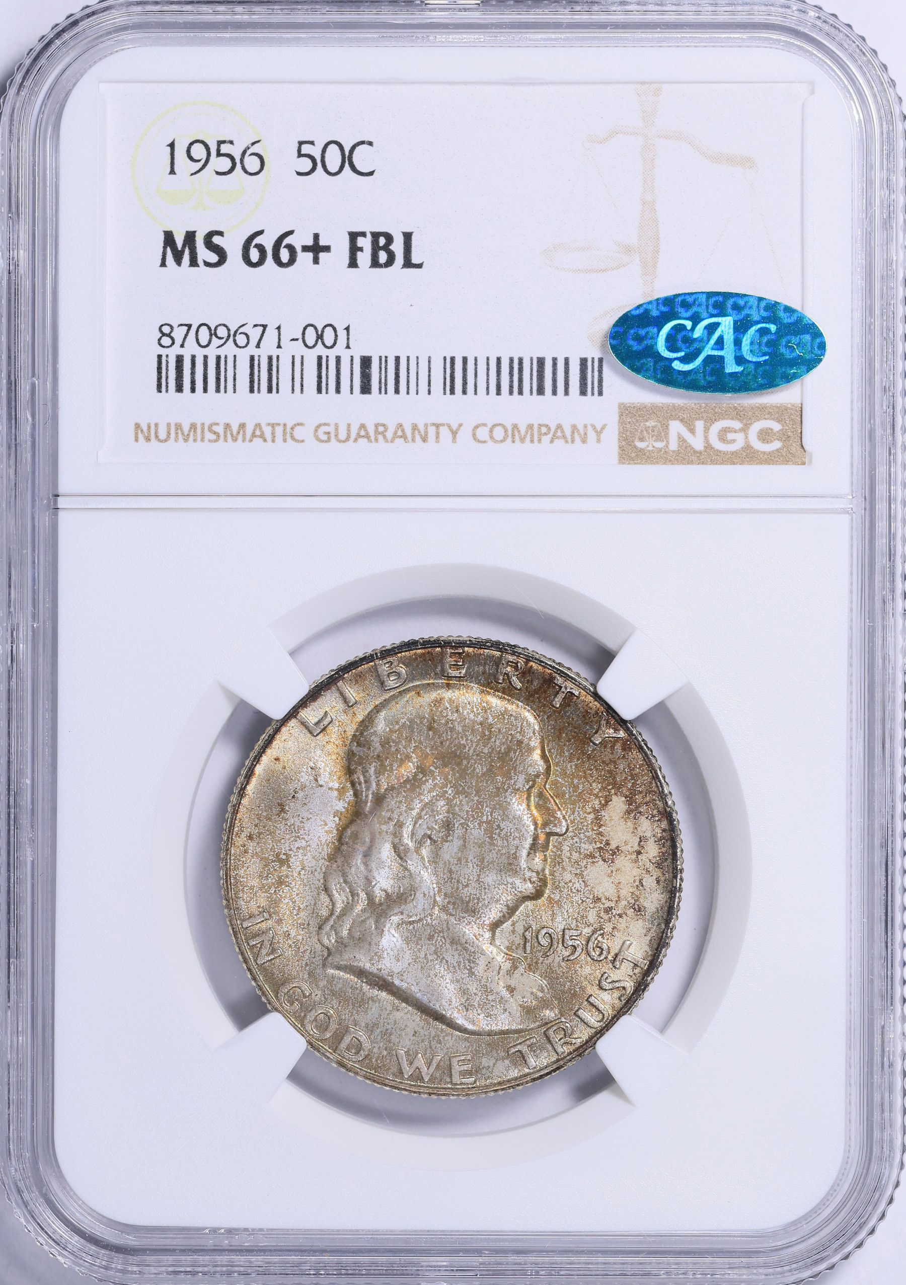 1956 Franklin Half Dollar NGC MS-66+ FBL (CAC Green) (Toned) (Item