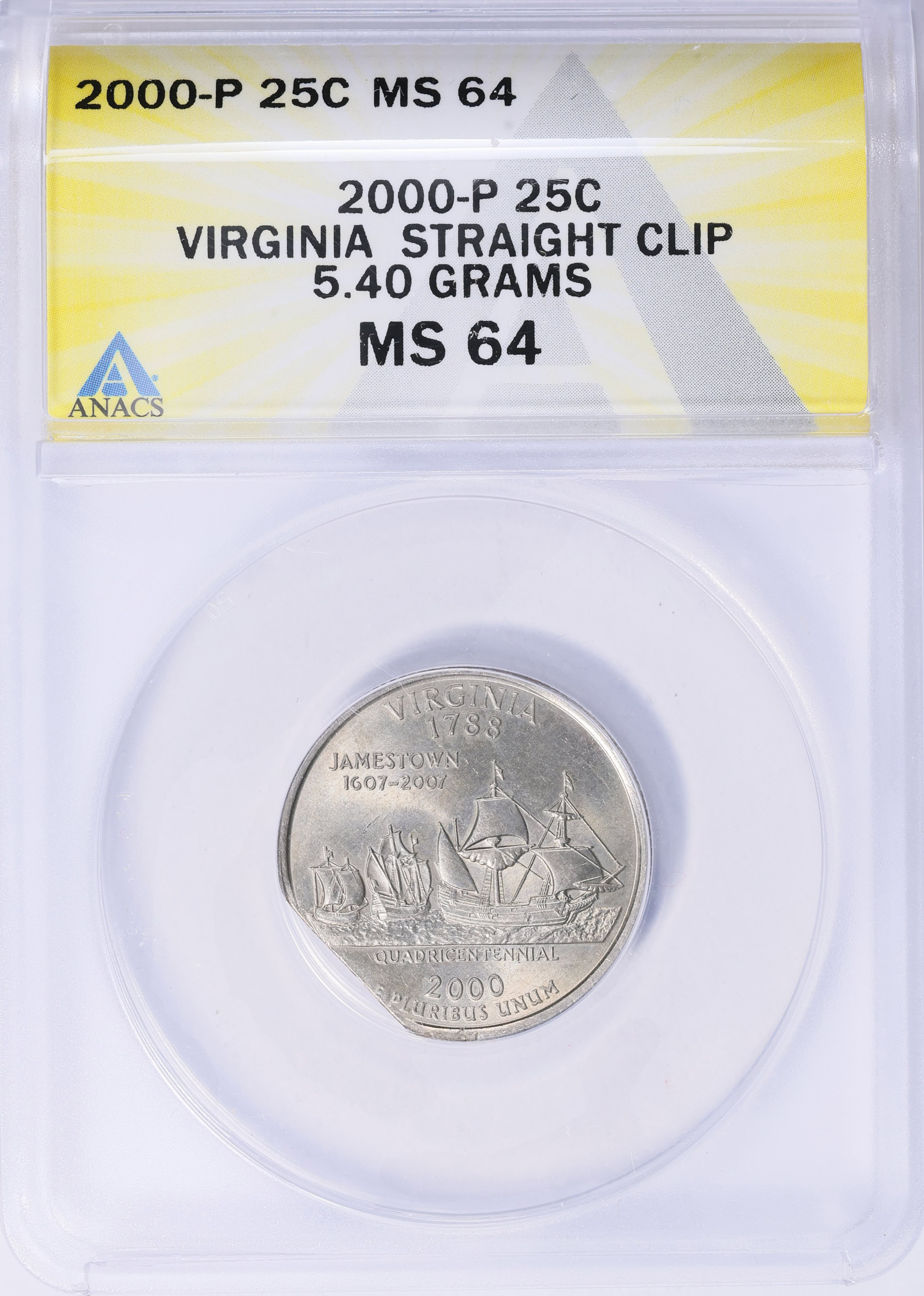 Mint Error 2000-P State Quarter Virginia Straight Clip 5.40 Grams ANACS ...