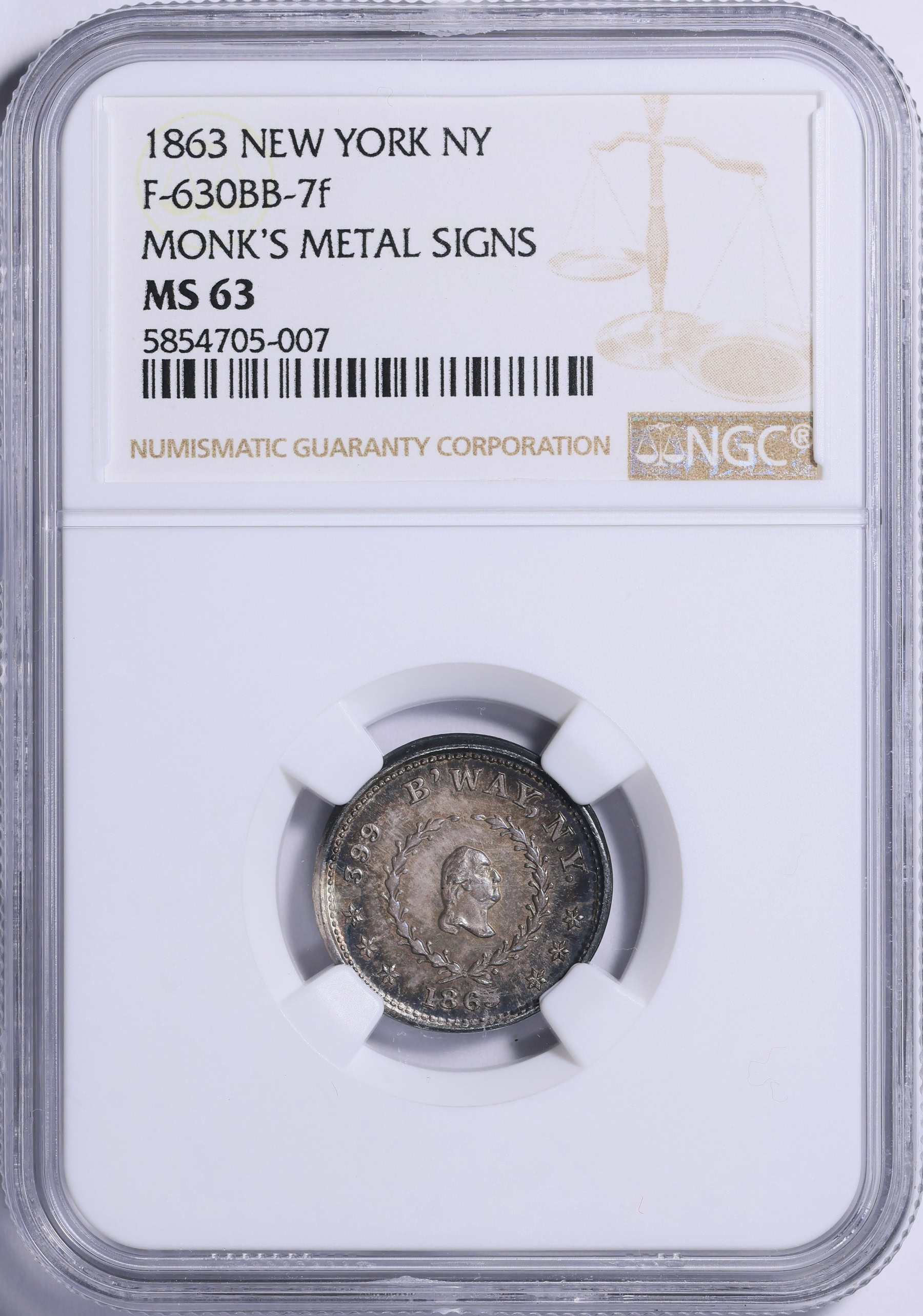 1863 New York City, New York Silver Washington - Monk's Metal