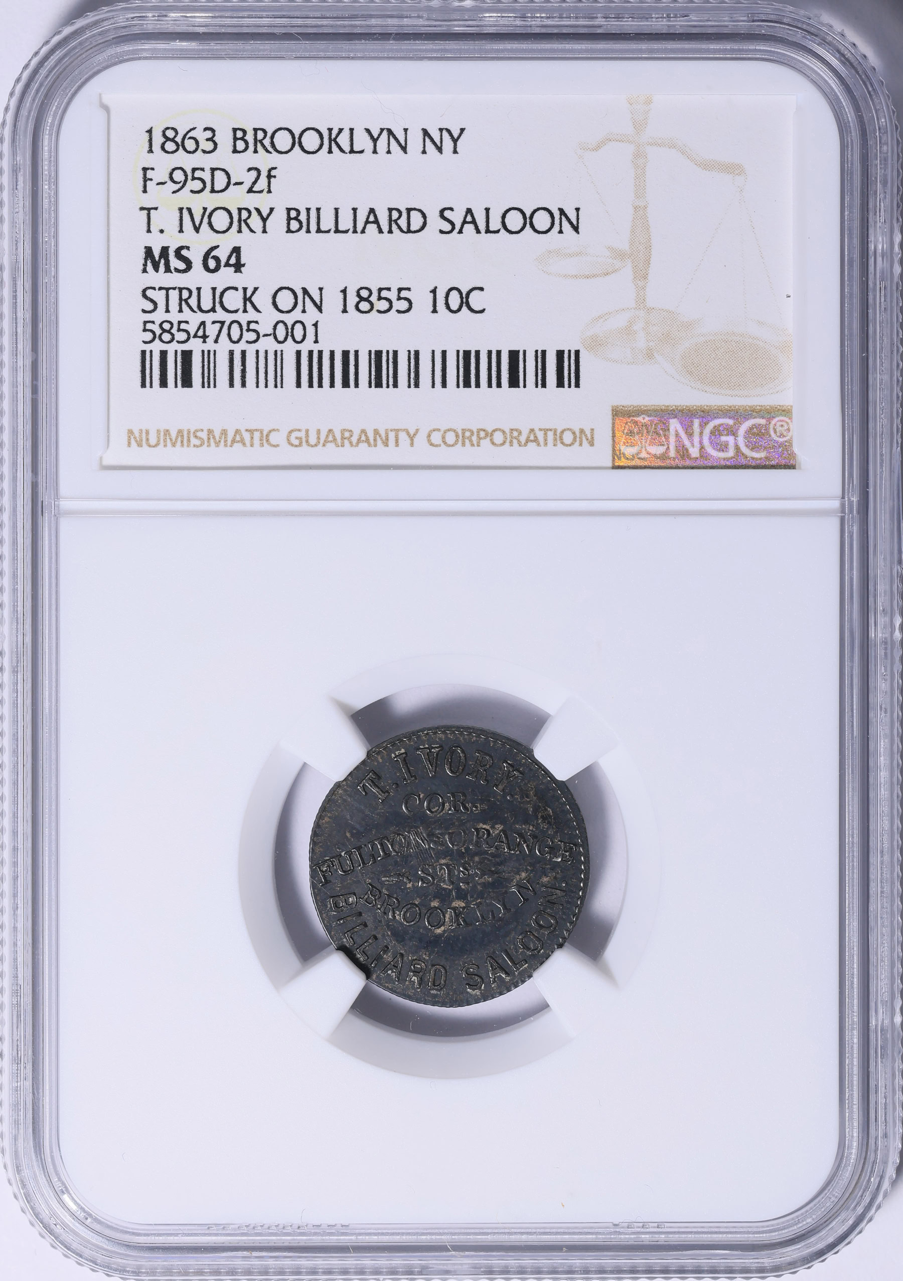 1863 Brooklyn, New York Silver Washington - T. Ivory Billiard