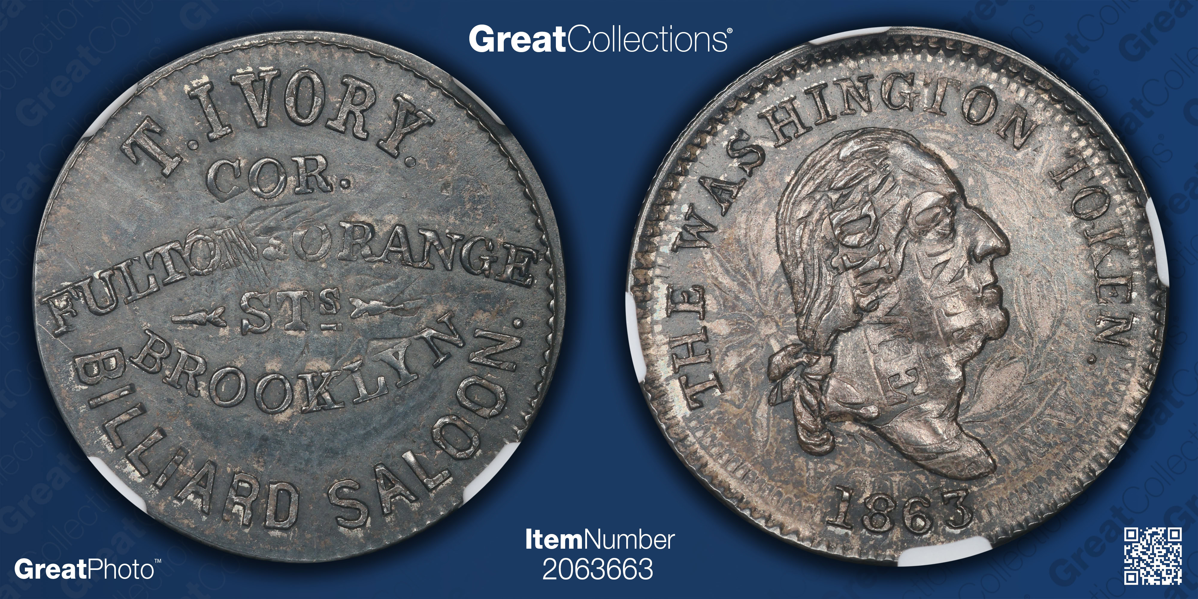 1863 Brooklyn, New York Silver Washington - T. Ivory Billiard