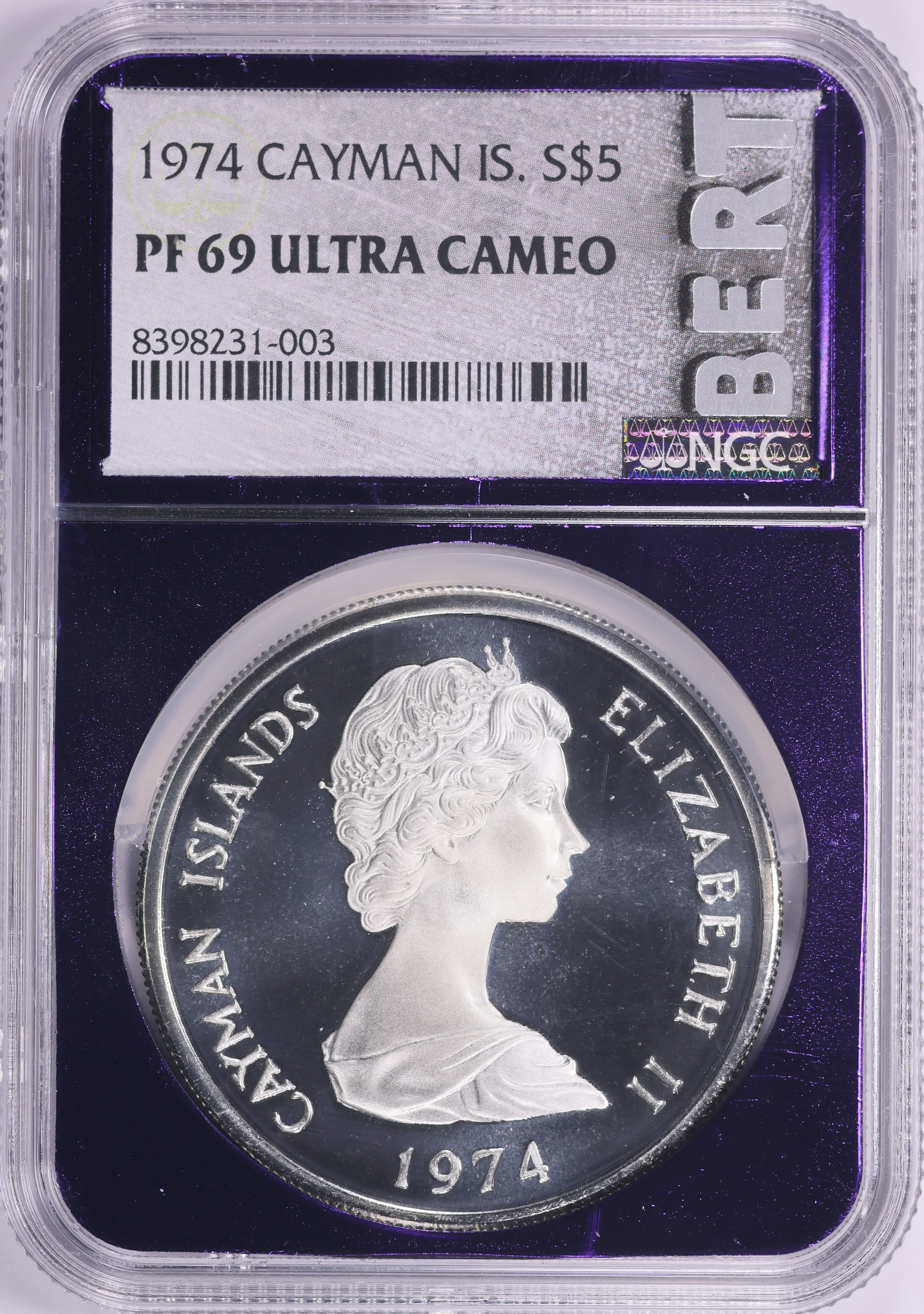 Cayman Islands 1974 Silver $5 KM-8 NGC Proof-69 UC (Purple Frame