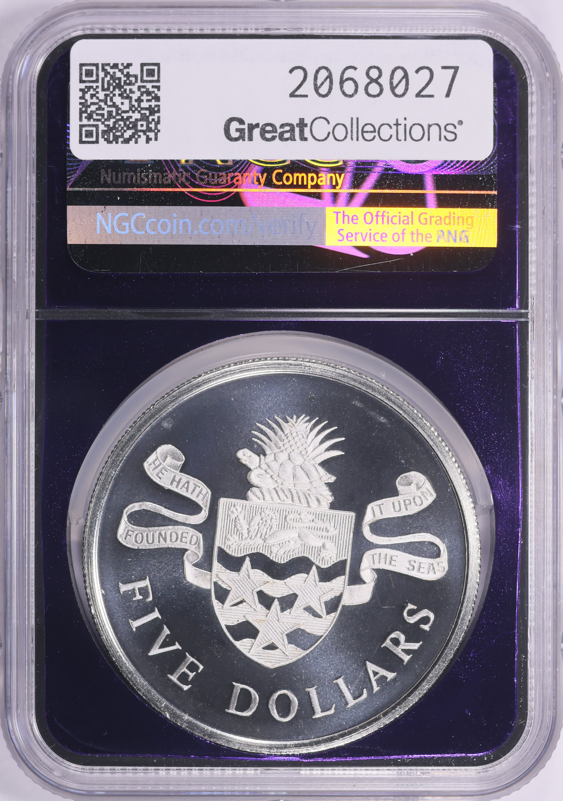 Cayman Islands 1974 Silver $5 KM-8 NGC Proof-69 UC (Purple Frame