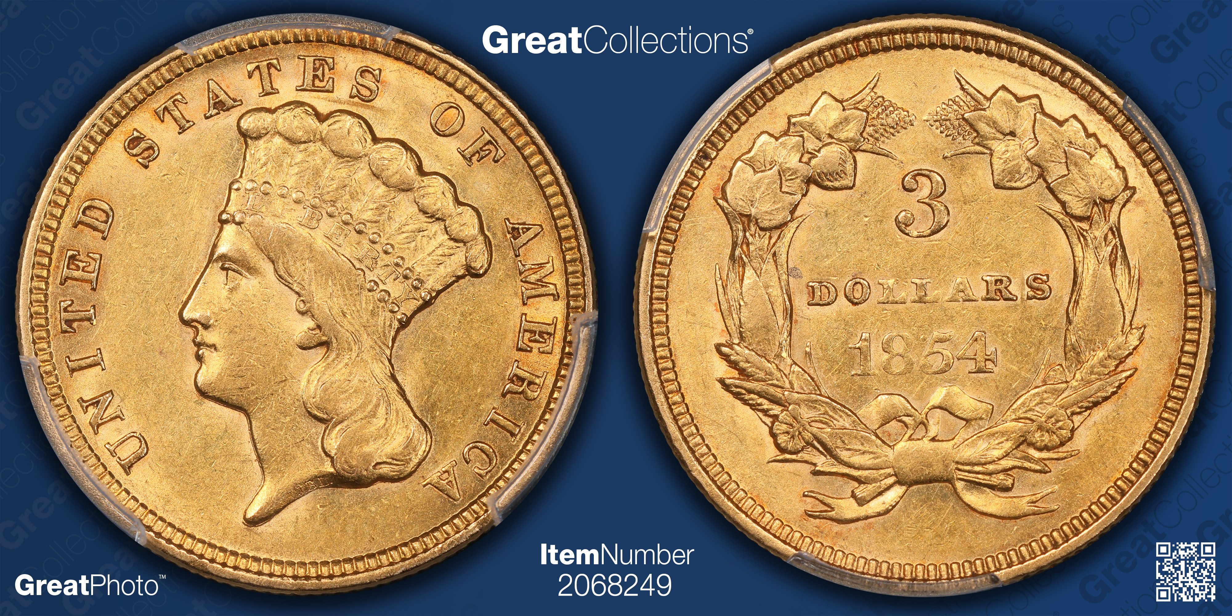 1854 Three-Dollar Gold Piece PCGS AU-55 (Item 2068249