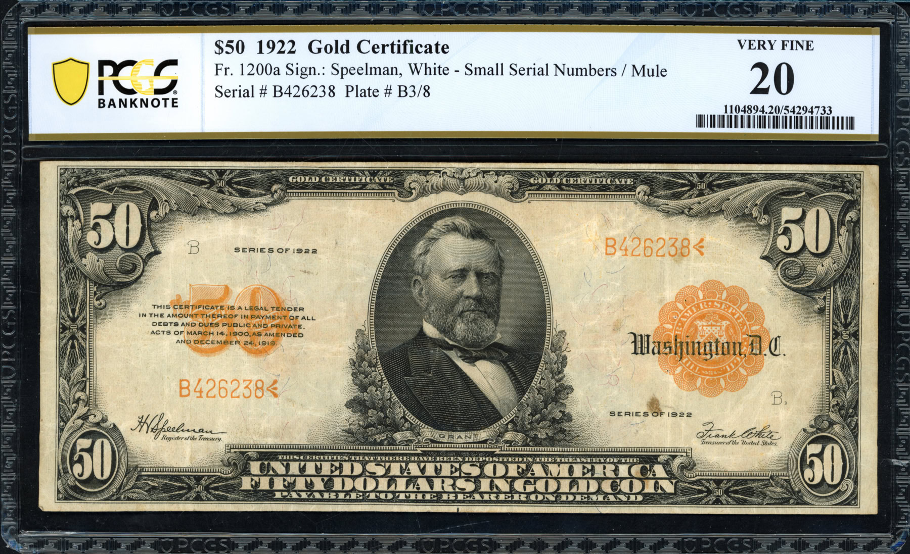 Mule Note Example Fr. 1200am 1922 $50 Gold Certificate Mule Note Speelman / White PCGS ...