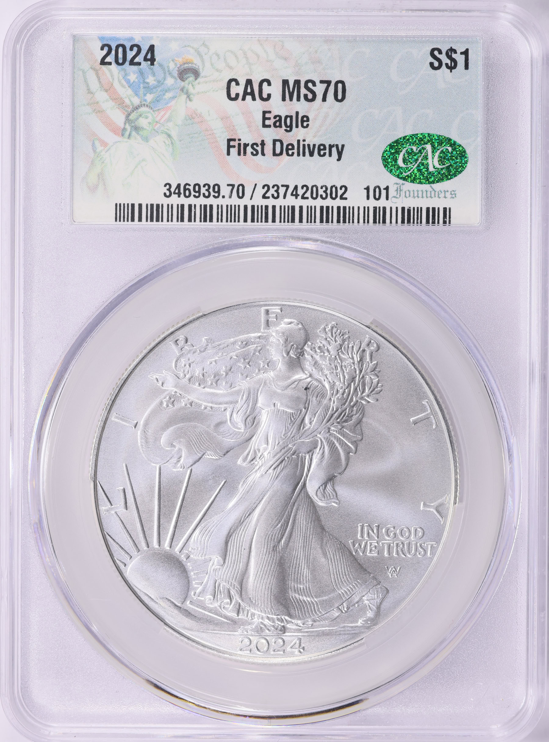 2024 $1 Silver Eagle First Delivery CACG MS-70 | CACG Cert