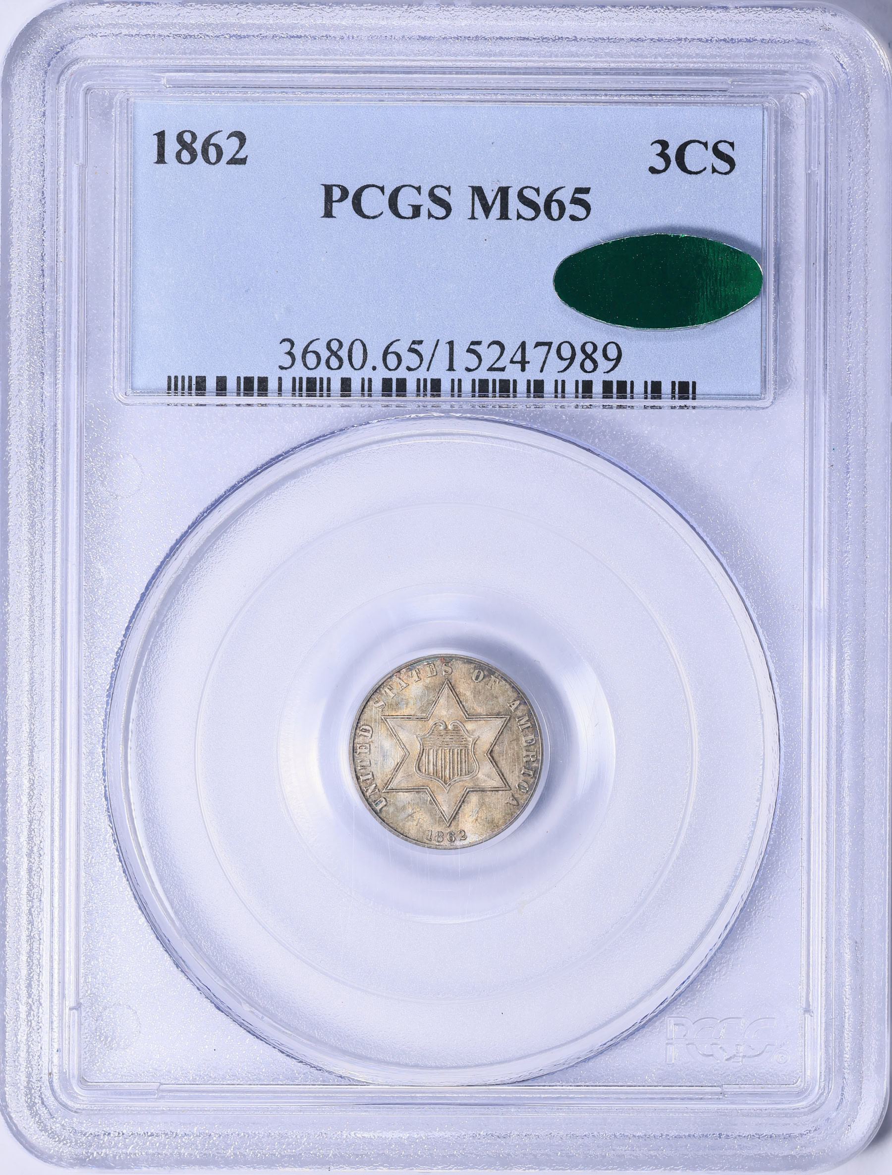 1862 Silver Three-Cent Piece PCGS MS-65 (CAC Green) (Toned) (Item