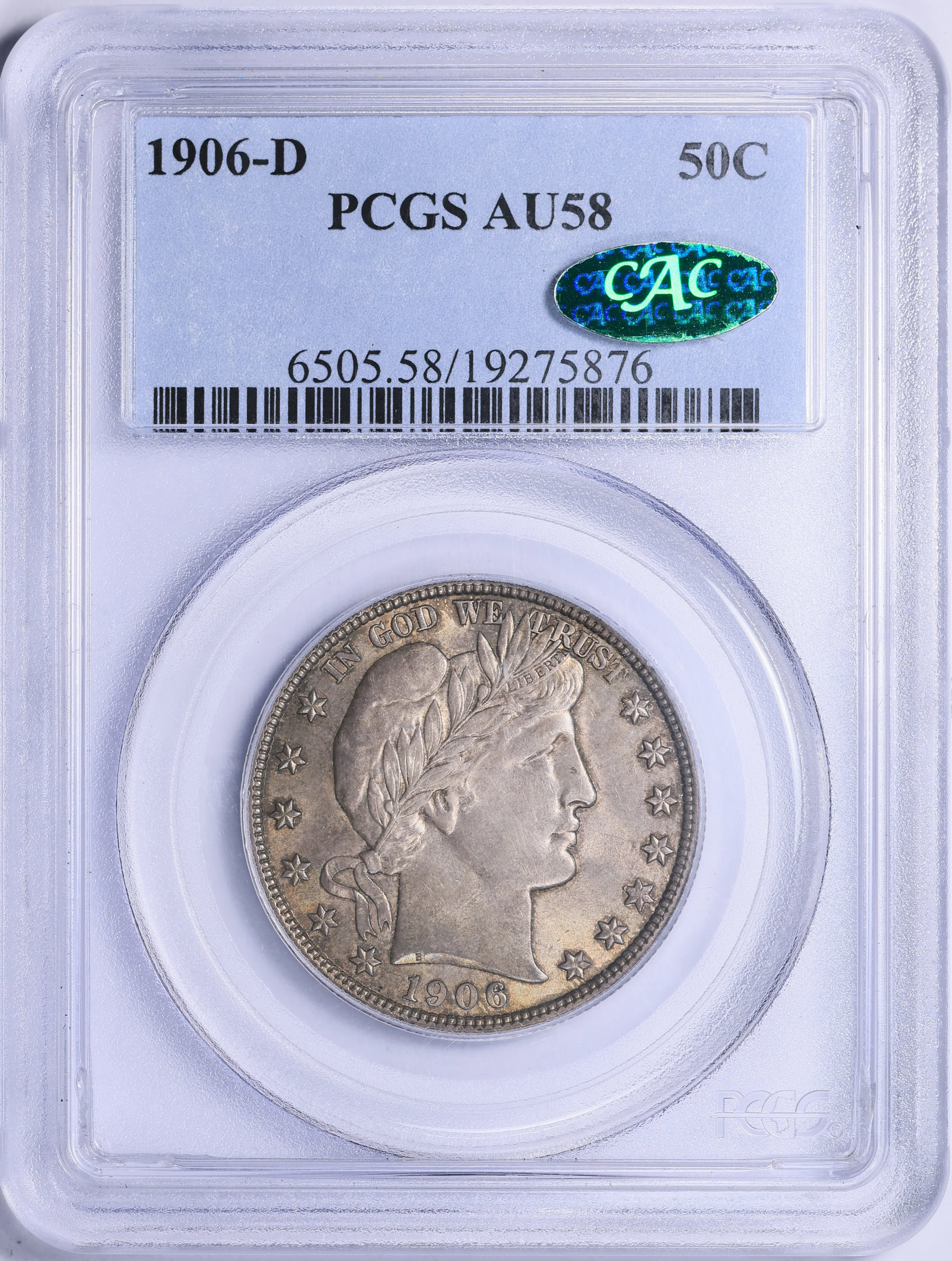 1906-D Barber Half Dollar PCGS AU-58 (CAC Green) (Item 2069316