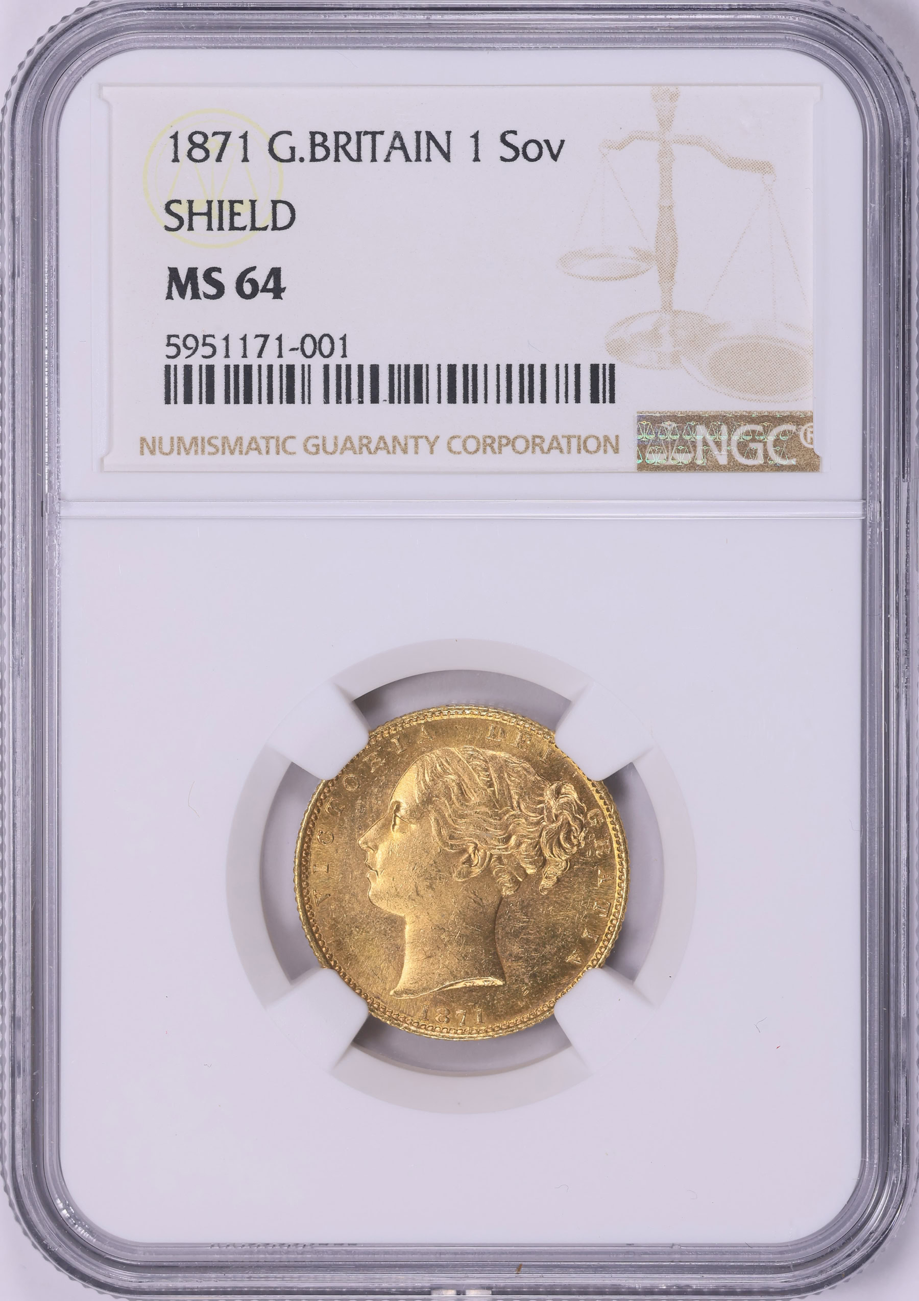 Great Britain 1871 Gold Sovereign Shield KM-752 NGC MS-64 (AGW