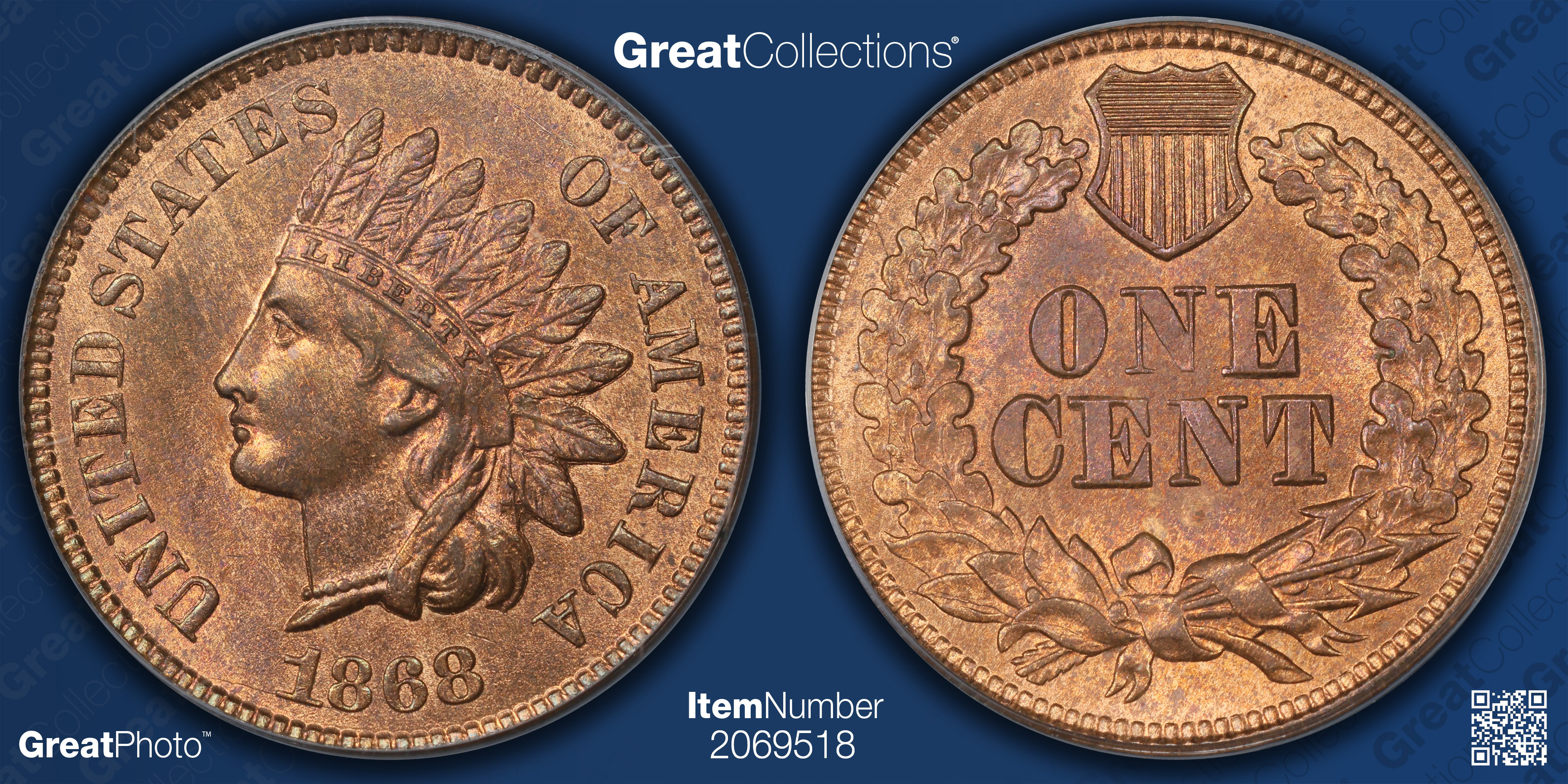 1868 Indian Cent PCGS MS-64 RB OGH (Item 2069518