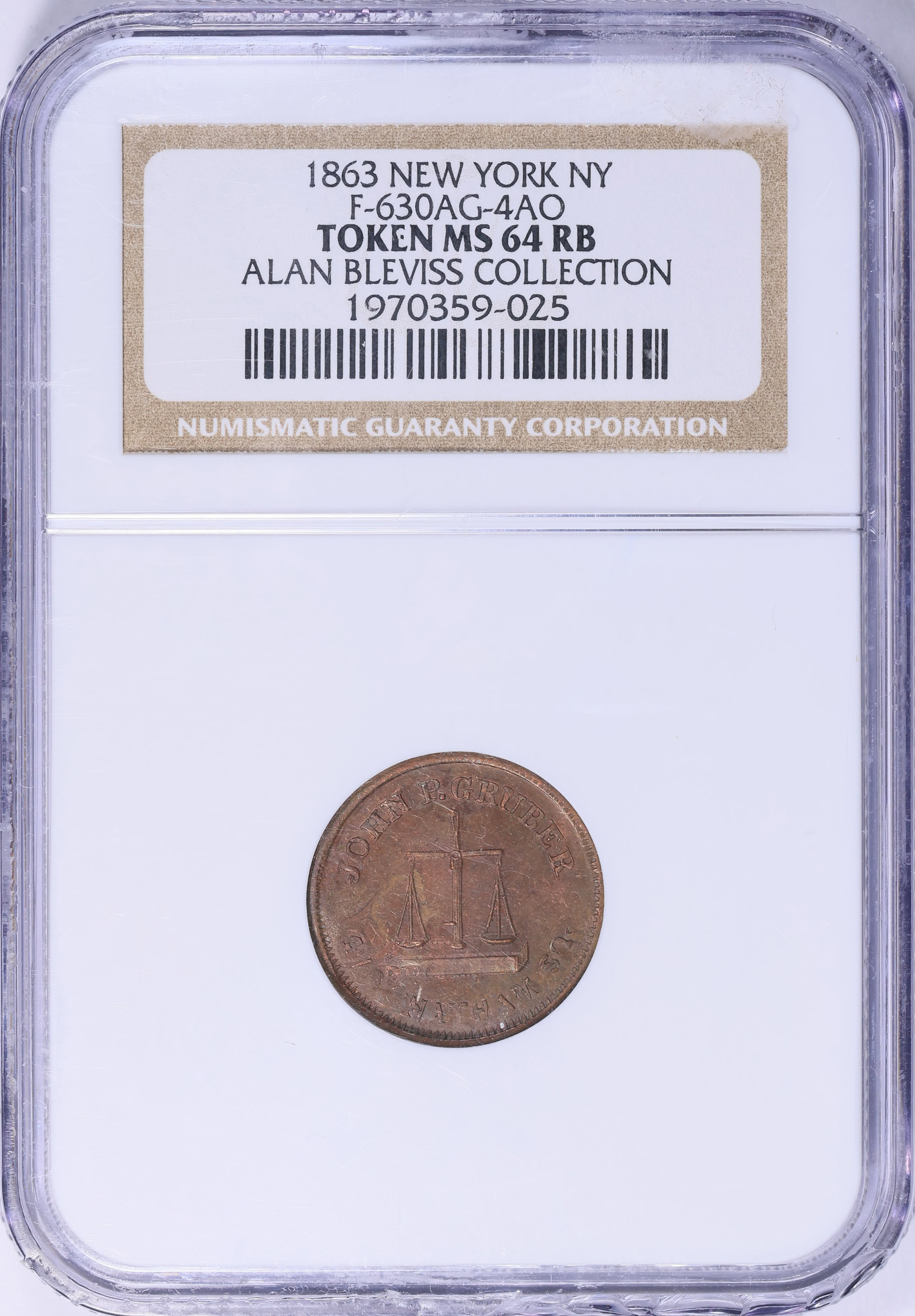 1863 New York City, New York John P. Gruber Civil War Token F