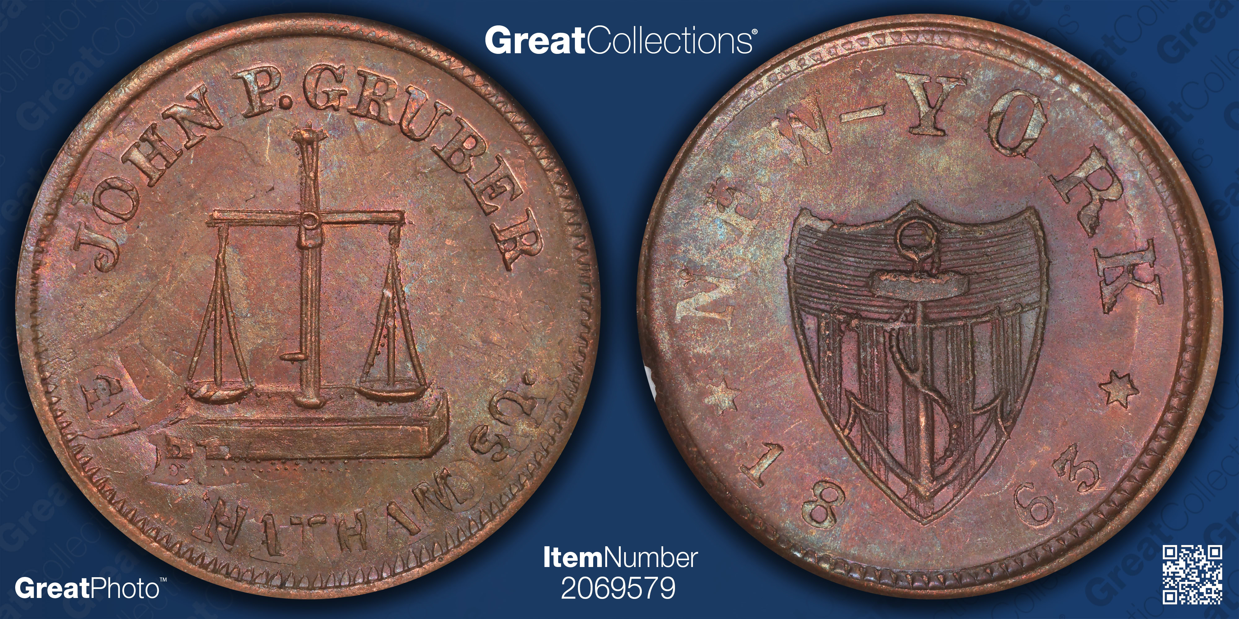 1863 New York City, New York John P. Gruber Civil War Token F