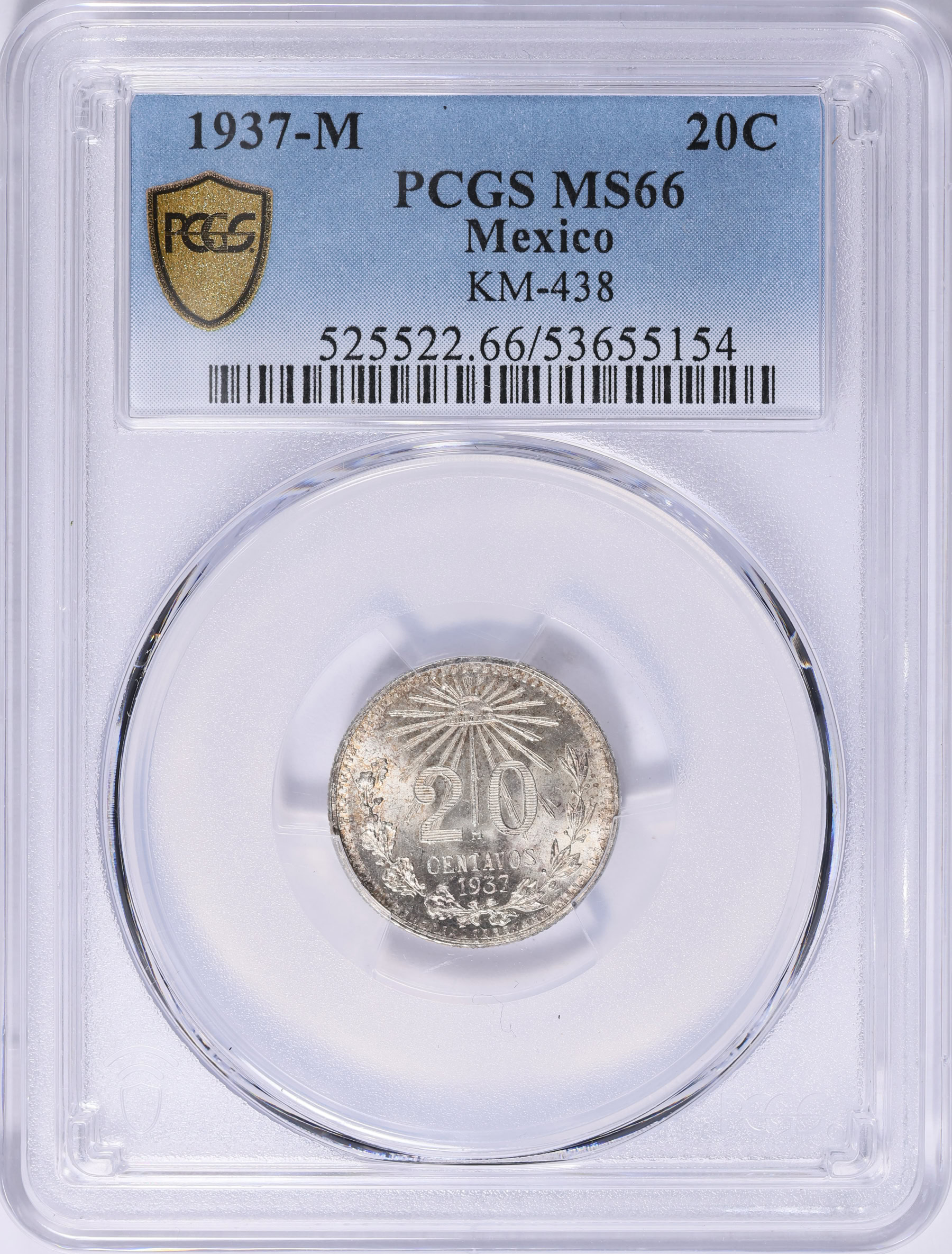 メキシコ銀貨 Mexico 1937-M Silver 20 Centavos KM-438 PCGS MS-66 (Item 2070899
