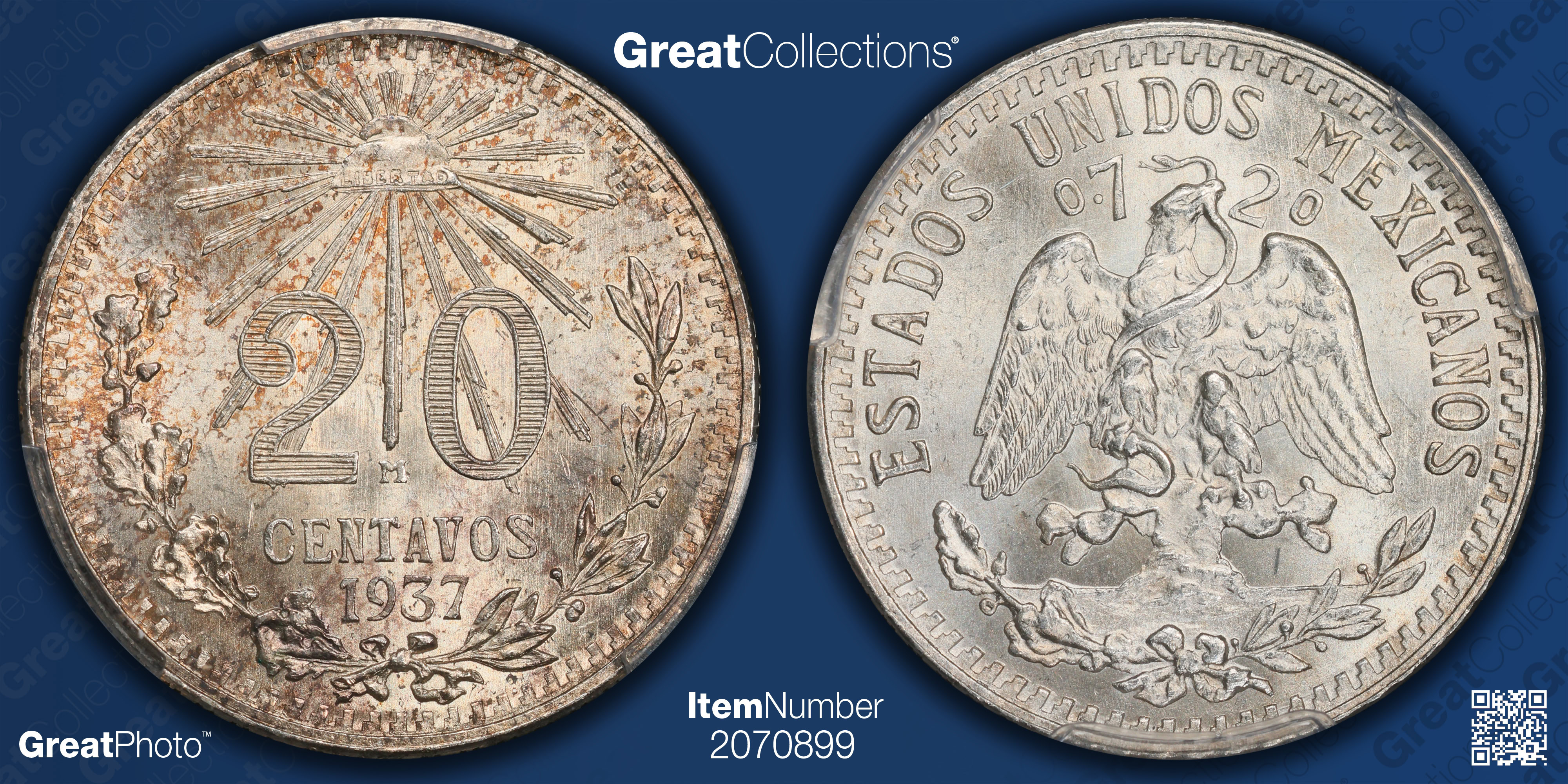 Mexico 1937-M Silver 20 Centavos KM-438 PCGS MS-66 (Item 2070899
