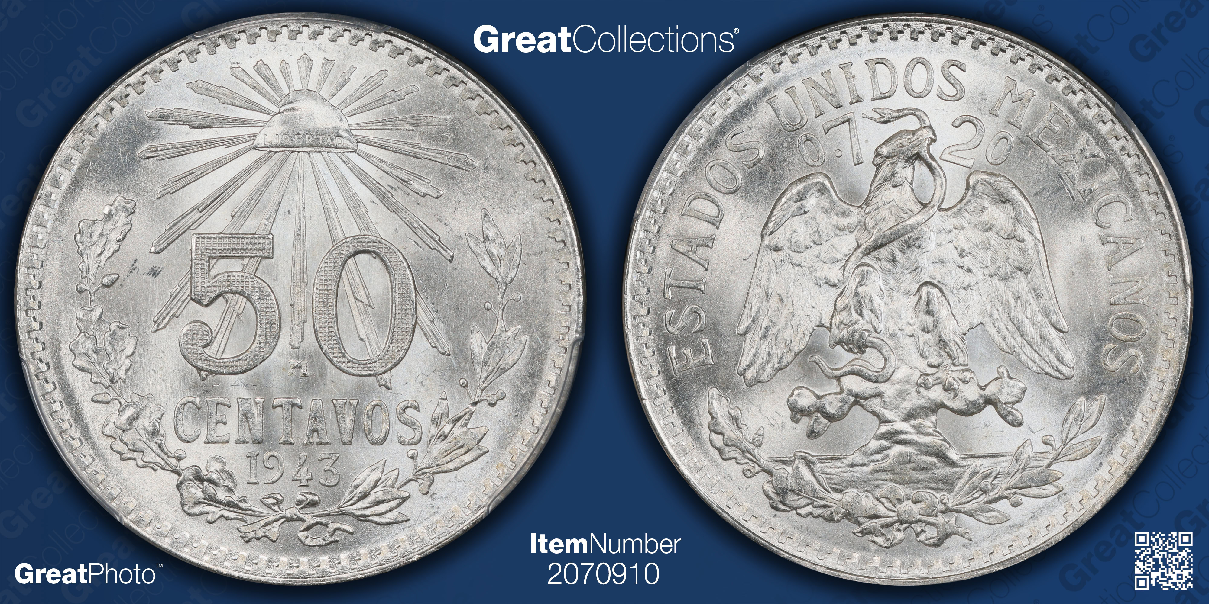 Mexico 1943-M Silver 50 Centavos KM-447 PCGS MS-66 (Item 2070910