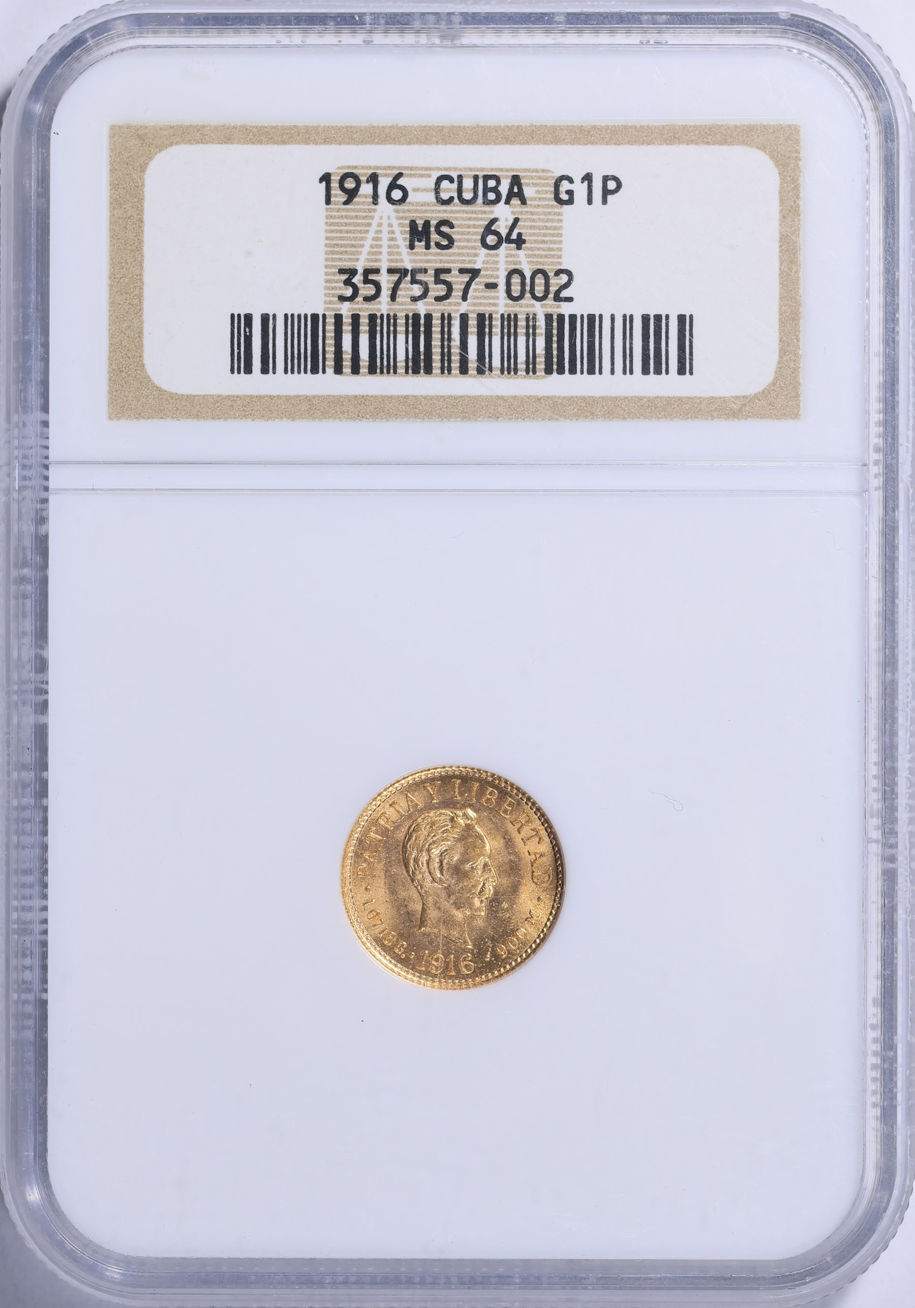 Cuba 1916 Gold Peso KM-16 NGC MS-64 (AGW = 0.0484 oz.) (Item